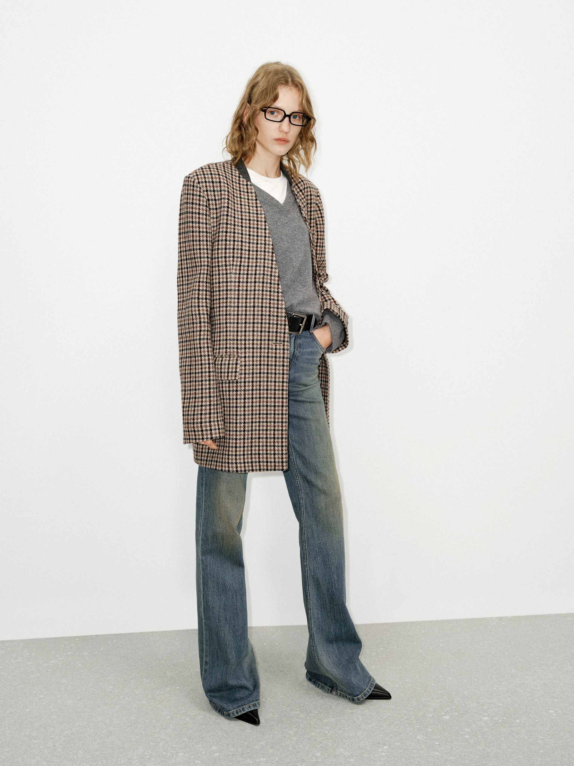 MO&Co. Women's Houndstooth 100% Wool Collarless Blazer