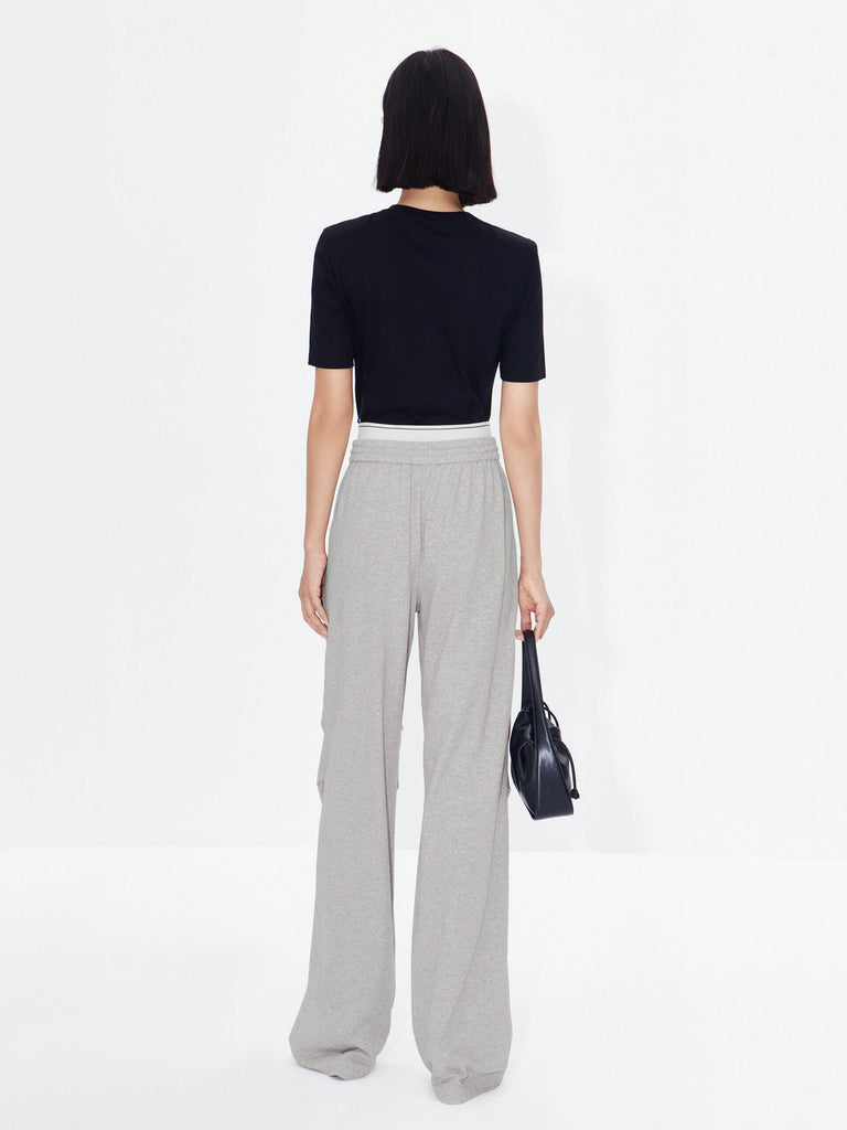 MO&Co. Women's Double Waistband Wide-leg Casual Trousers in Cotton - Grey. Made from breathable cotton fabric, these sweatpants offer a relaxed, stylish fit complete with wide legs & slant pockets. Contrast double waistbands & letter details give them added style.