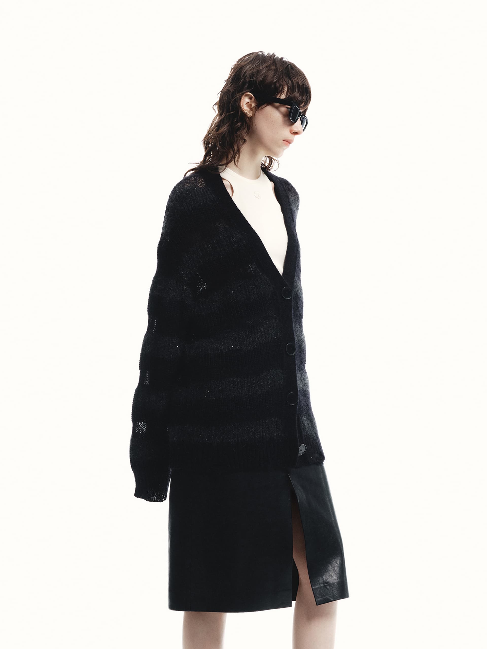 MO&Co. Women's Loose V-neck Distressed Sequin Detail Knit Cardigan