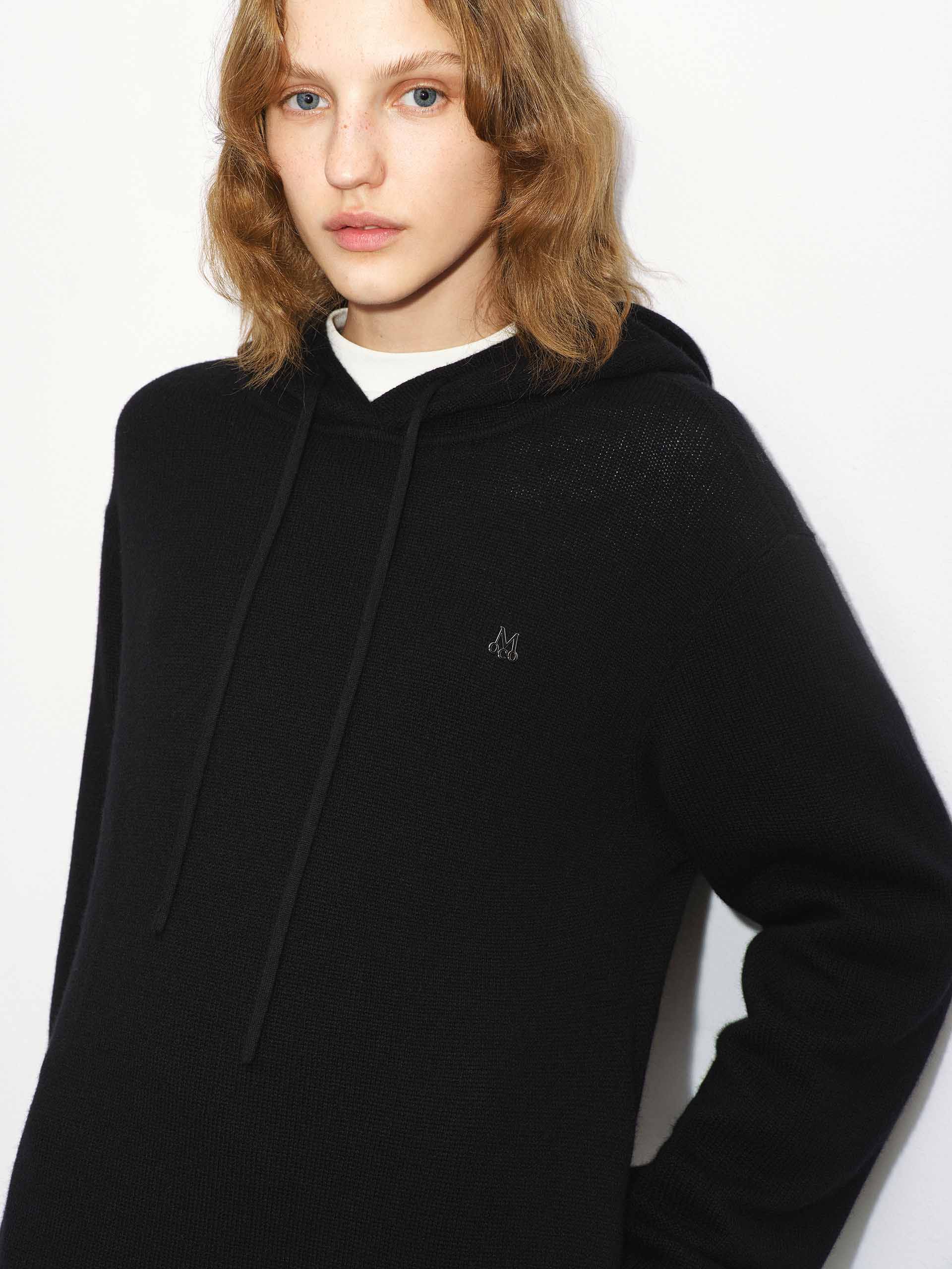 MO&Co. Women's Wool Cashmere Hooded Causal Midi Knit Dress in Black