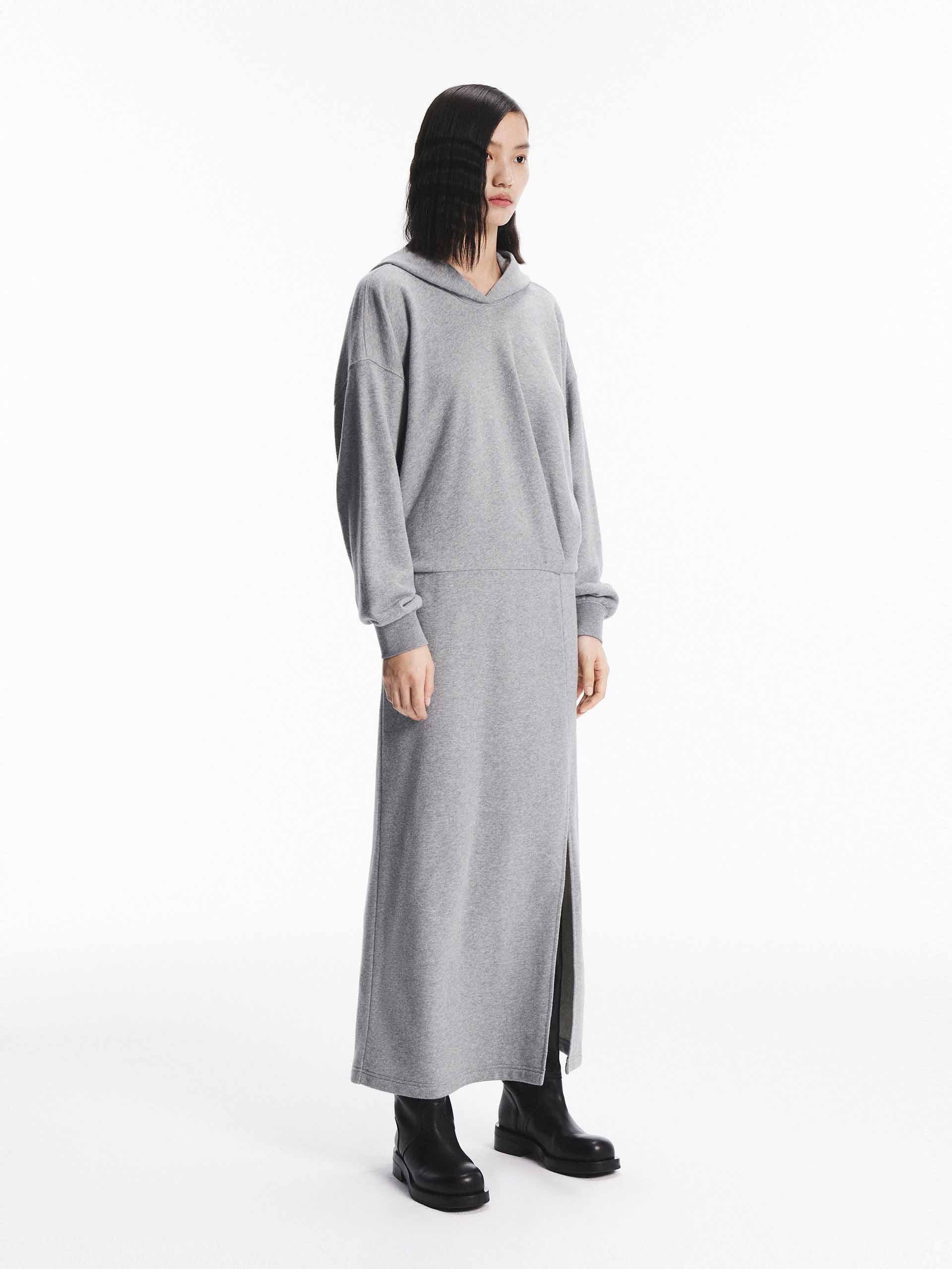 MO&Co. Women's Long Sleeves Slit Detail Hooded Midi Dress in Light Grey with Casual Weekend Style