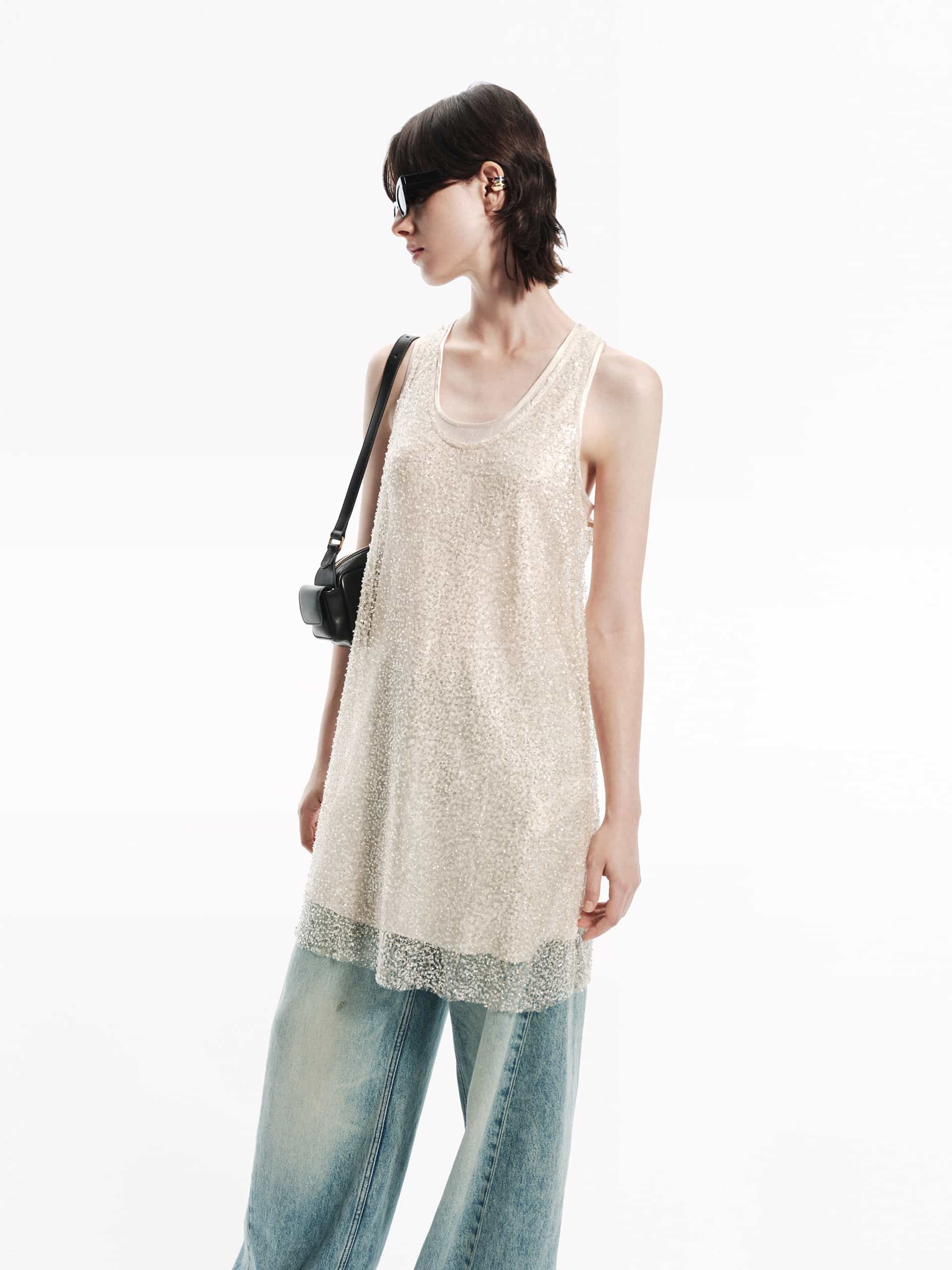 MO&Co. Women's Layered Detail Mini Sequin Dress in Champagne