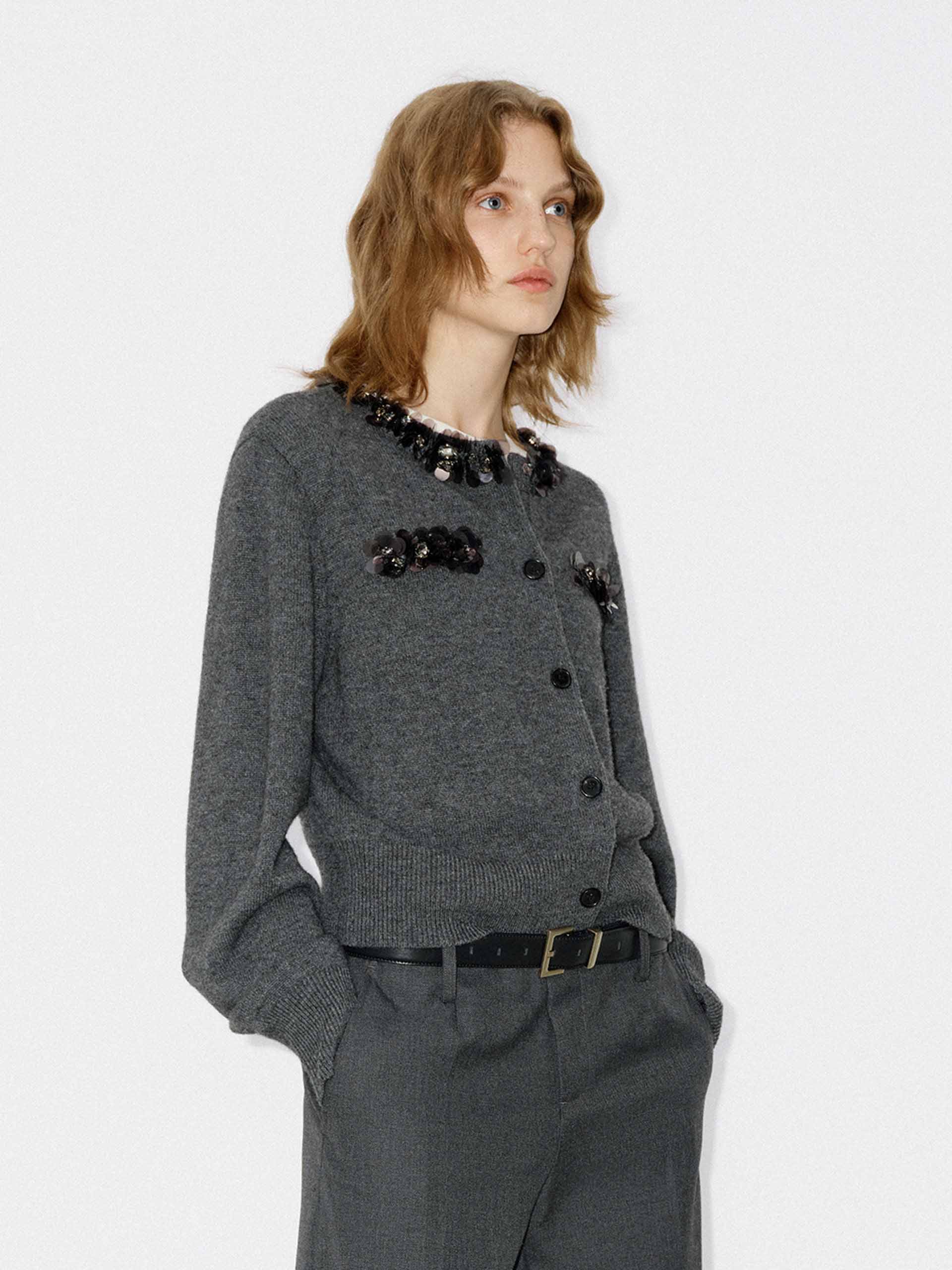 MO&Co. Women's Wool and Cashmere Blend Sequins Detail Close Fit Cardigan in Grey