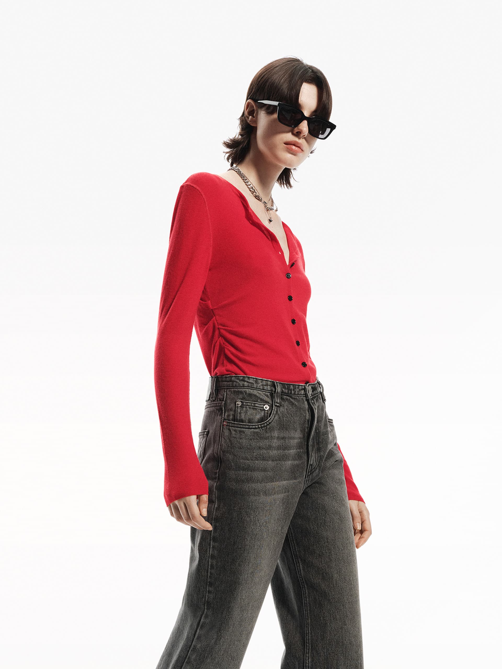 MO&Co. Women's Pure Merino Wool Round Neck Long Sleeve Knit Cardigan in Red