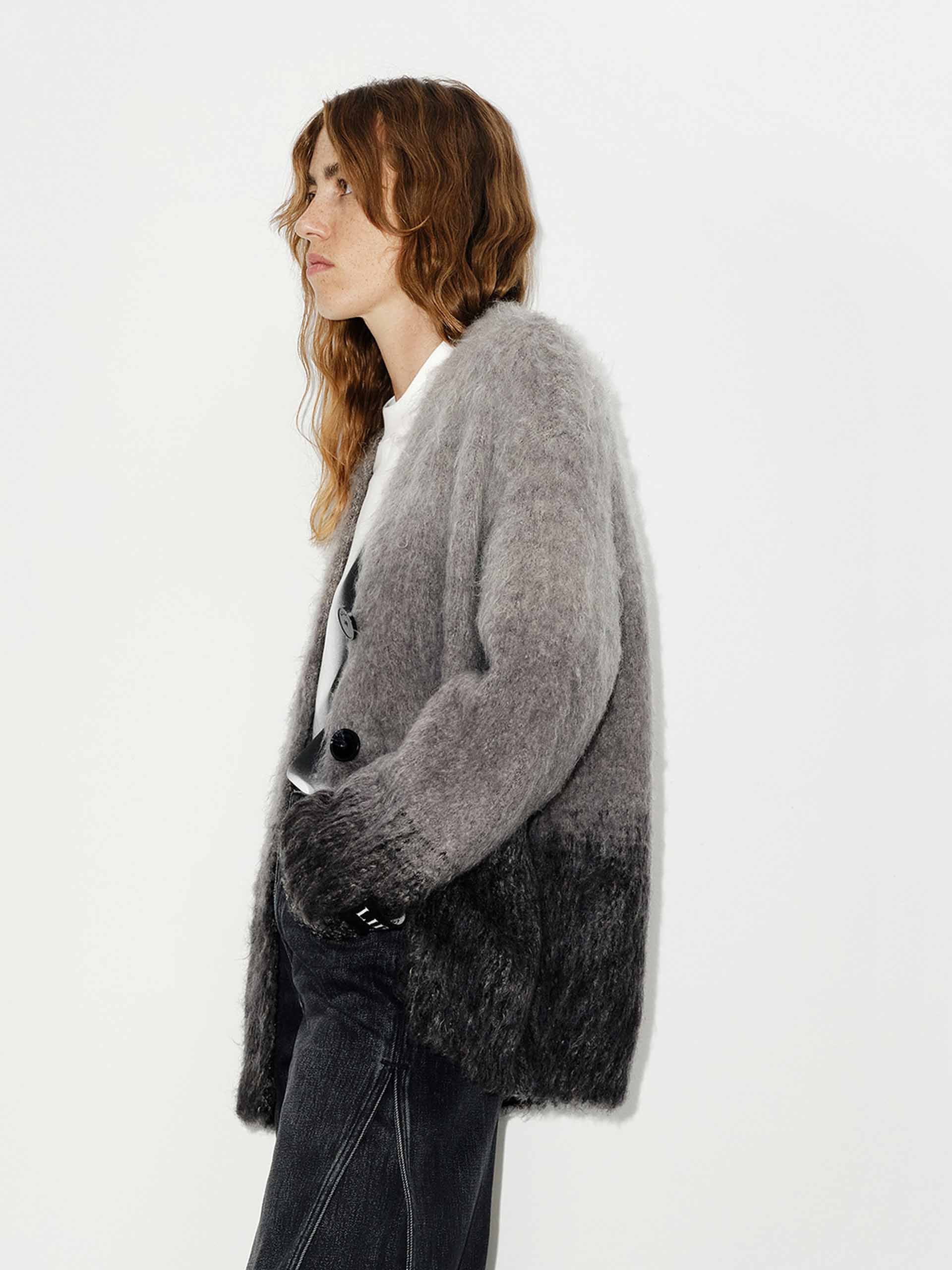 MO&Co. Women's Mohair Blend Brushed Detail Oversized Knit Cardigan in Black and Grey