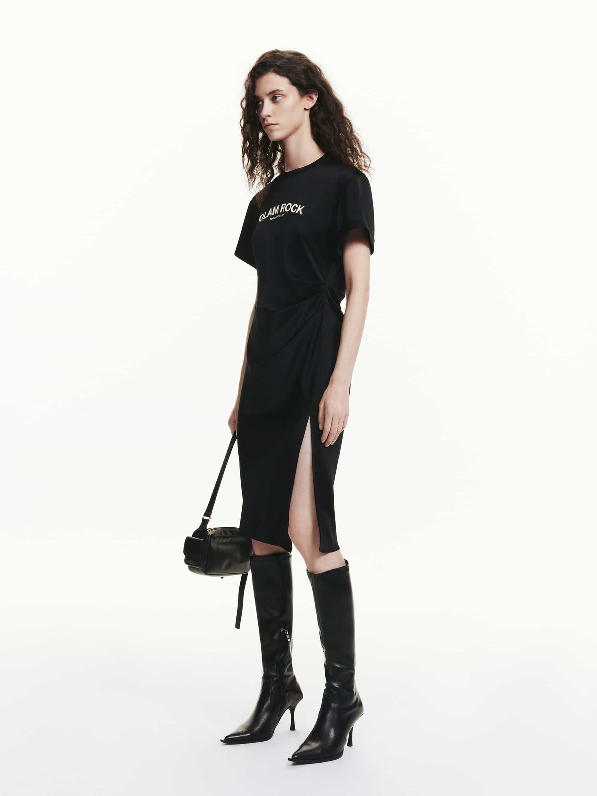 MO&Co. Women's Side Slit Pleated Acetate Blend Midi Dress with Slogan Print