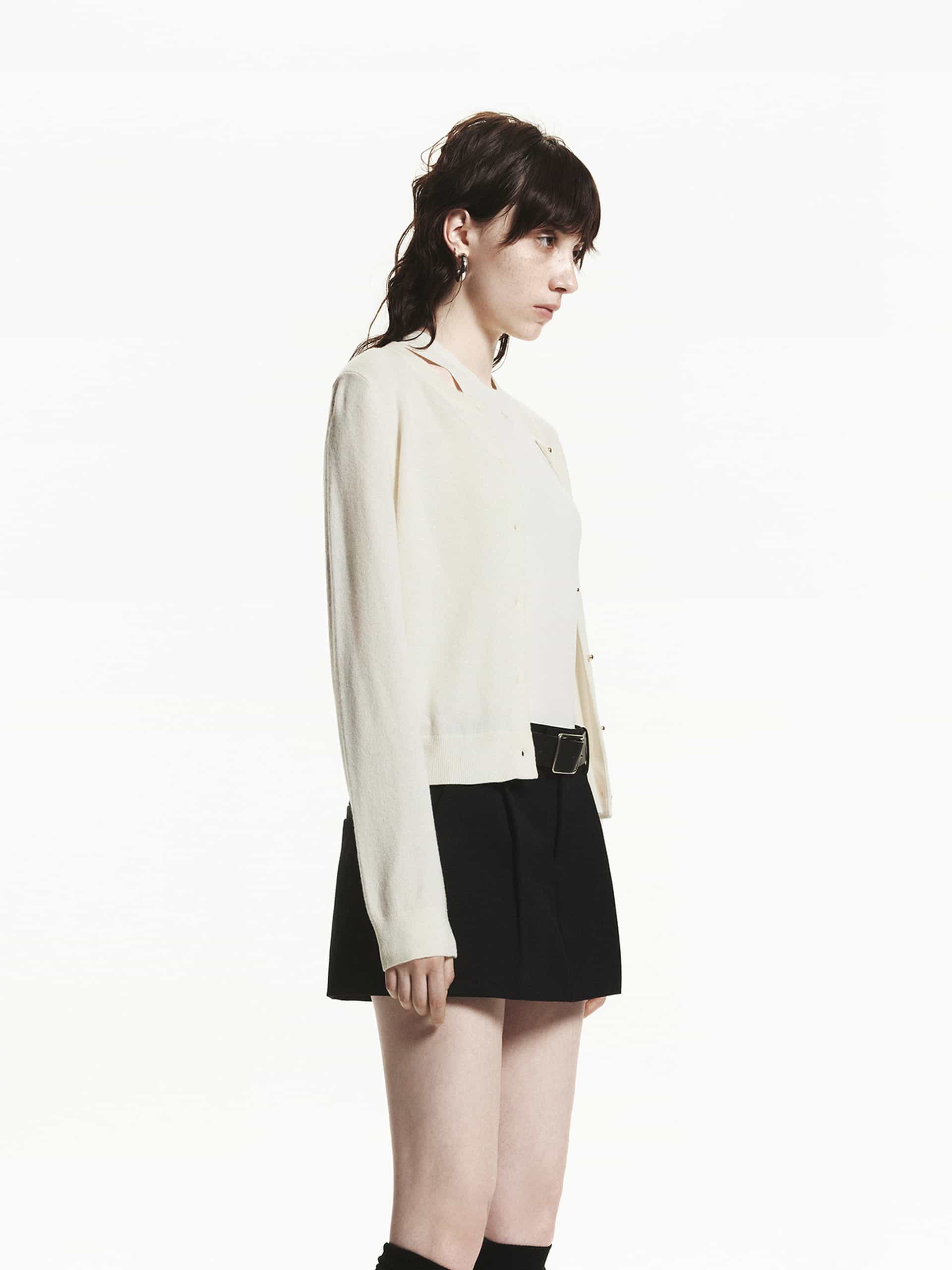 MO&Co. Women's Long Sleeve Pure Merino Wool Fitted Knit Cardigan in Beige with Rhinestone embellishment