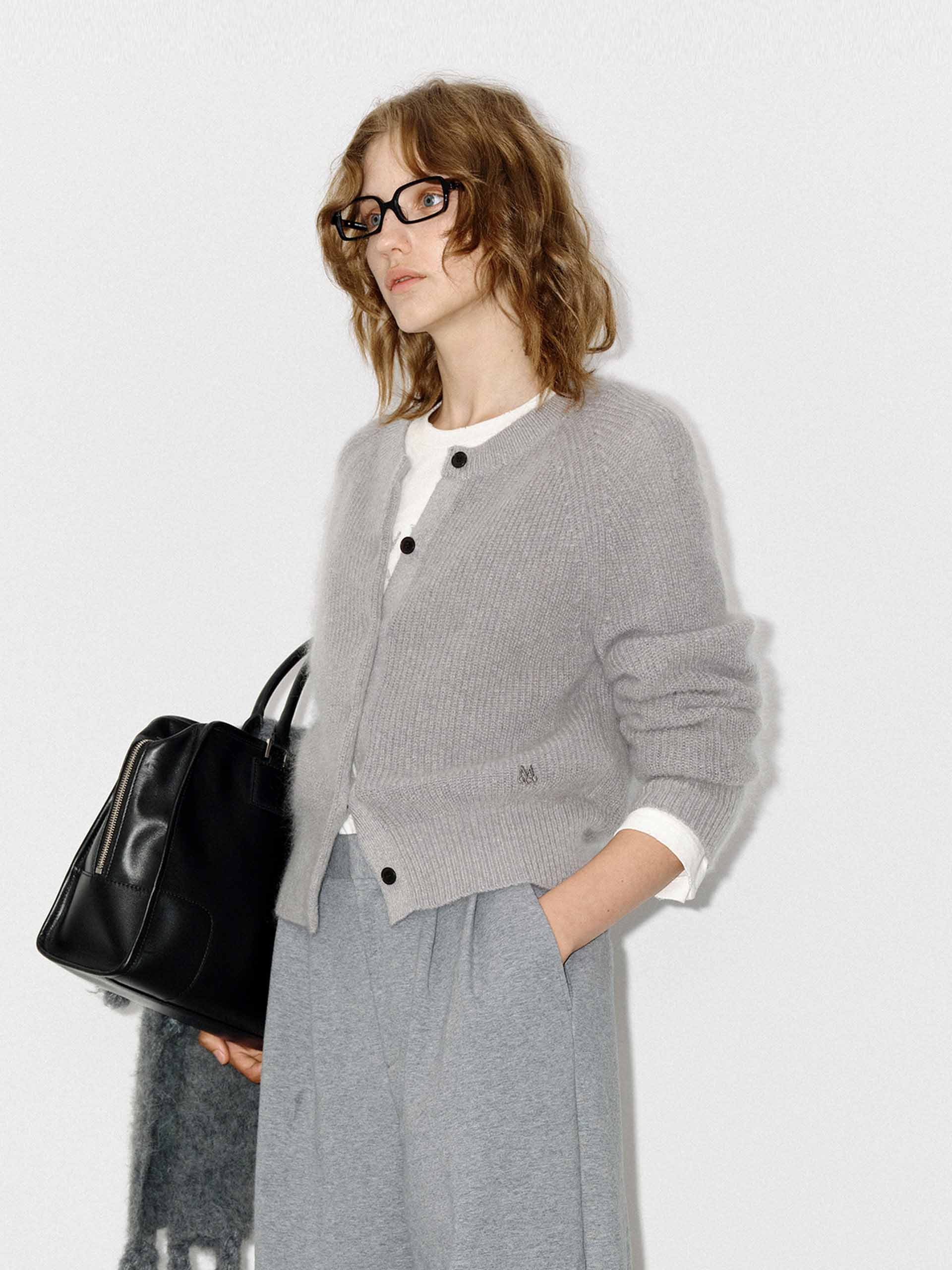 MO&Co. Women's Mohair Blend Fluffy Textured Regular Fit Knit Cardigan in Light Grey