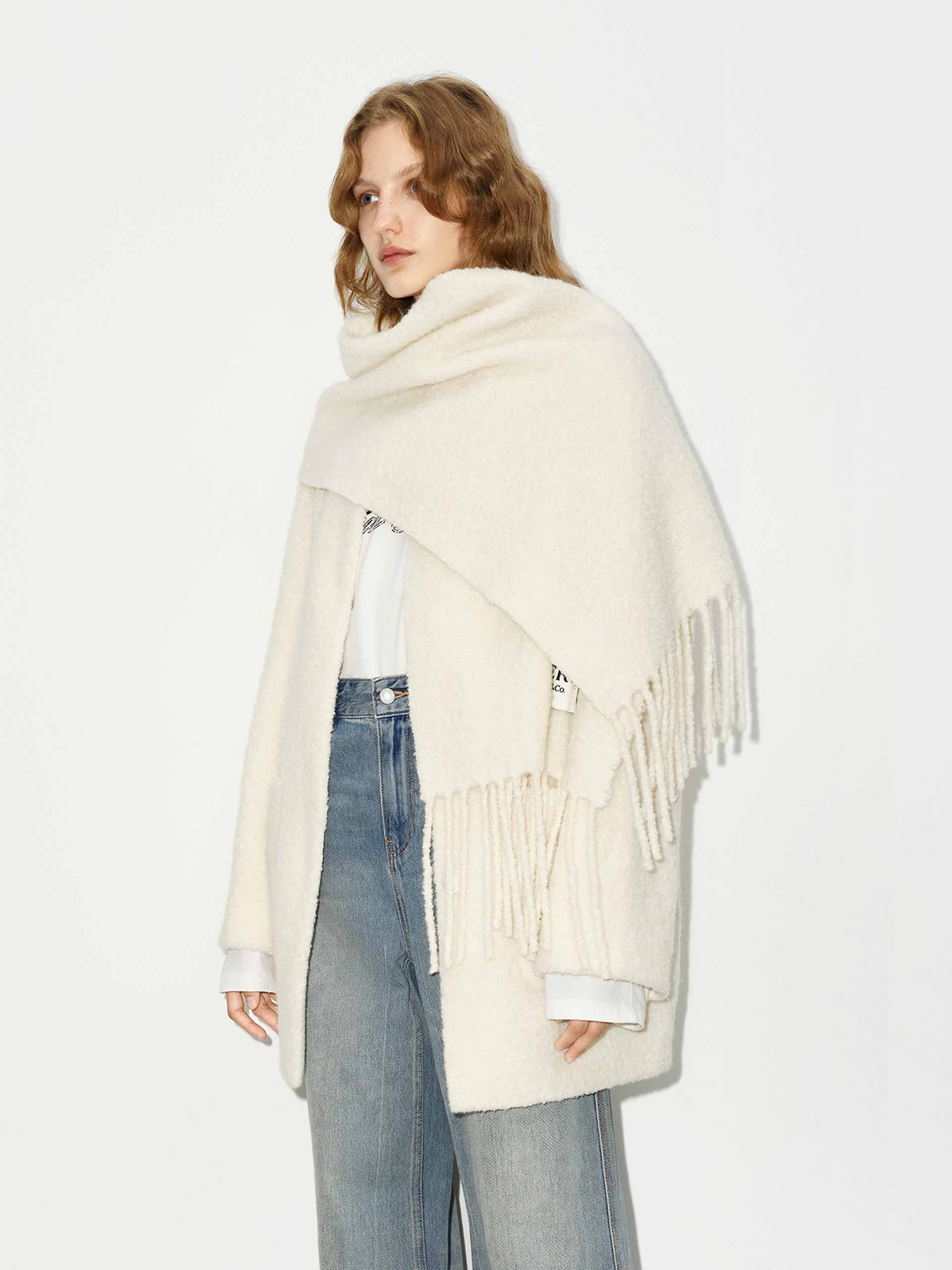 MO&Co. Women's Button Closure Midi Coat with Scarf in White