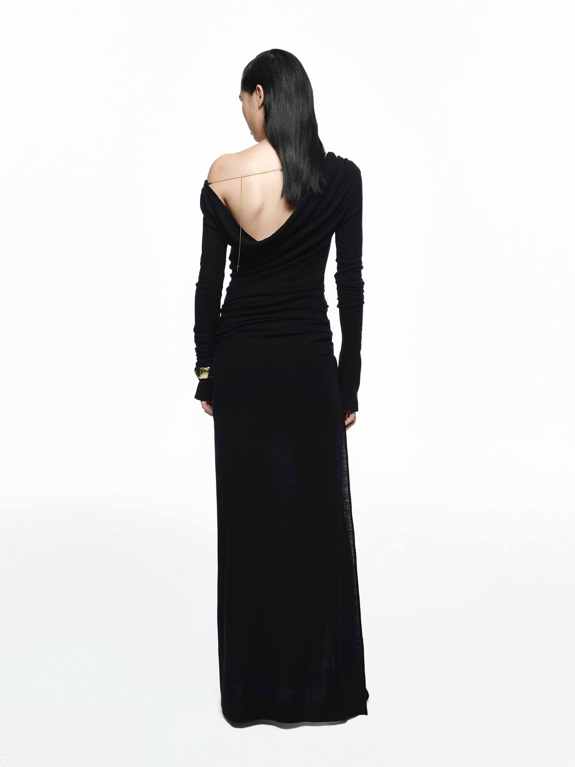 MO&Co. Noir Women's Slit 100% Merino Wool Long Sleeves Black Maxi Dress