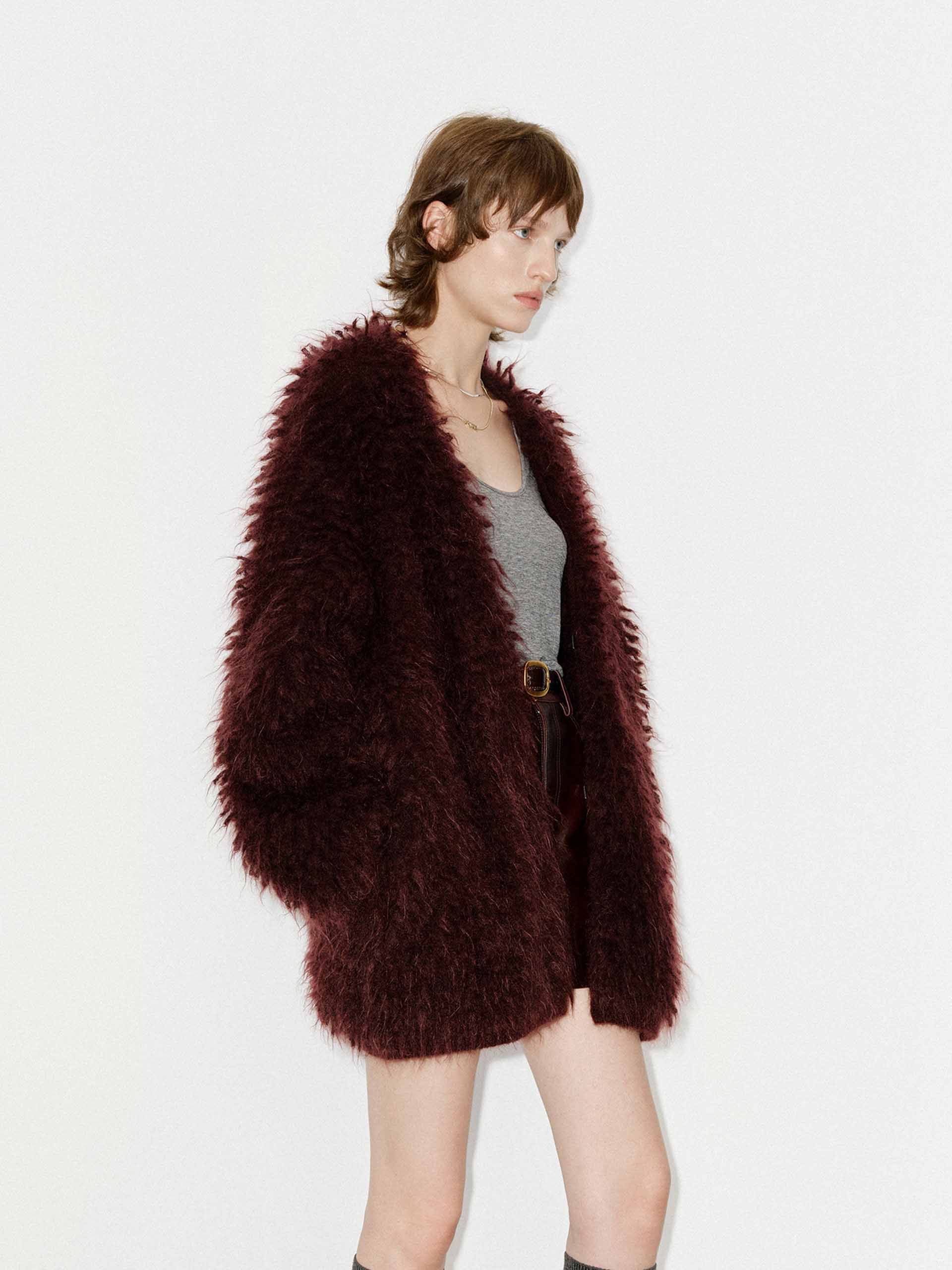 MO&Co. Women's Loose Fit Mohair Blend Fuzzy Long Sleeves Cardigan in Burgundy