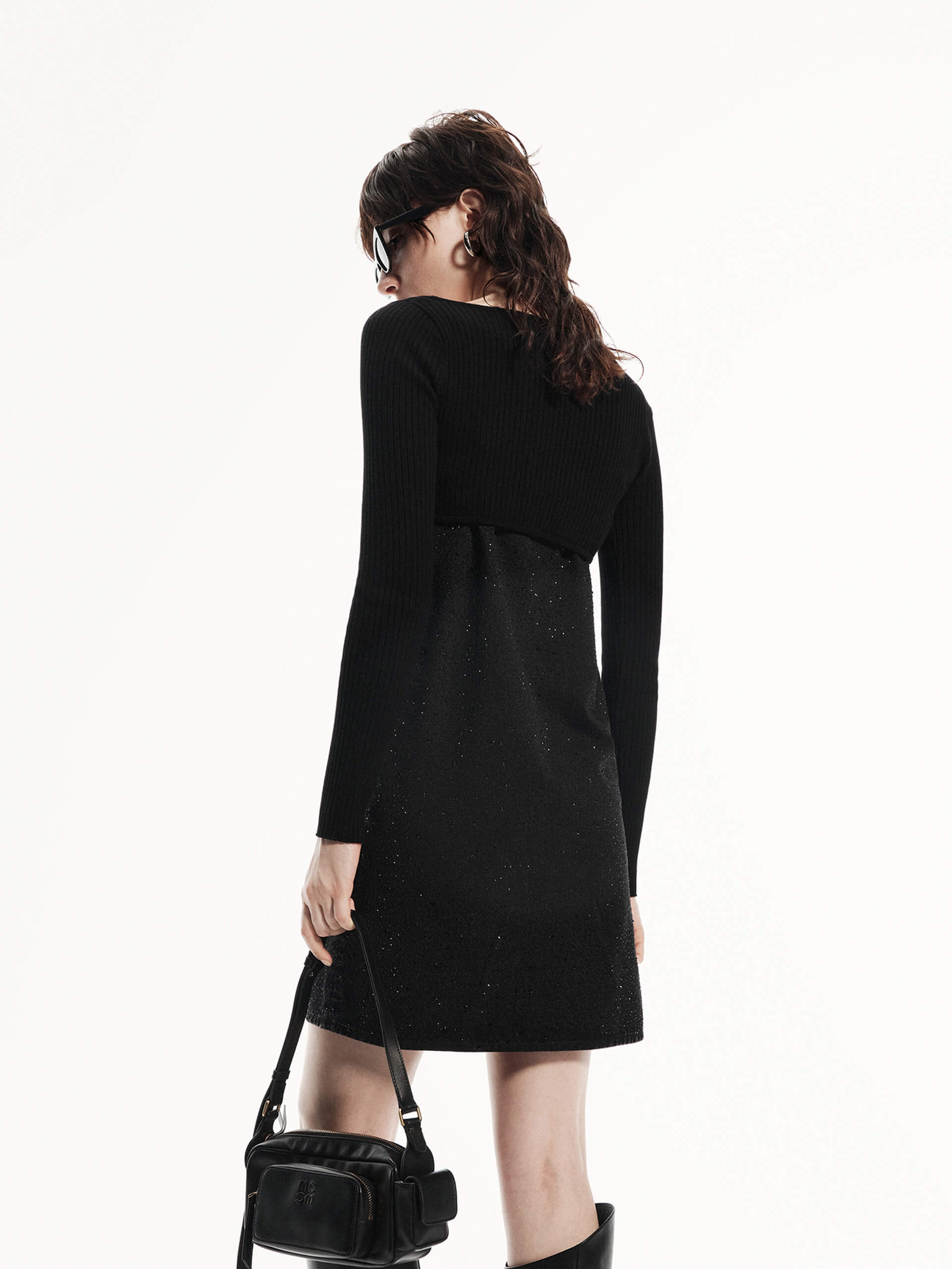 MO&Co. Women's Rhinestone Detail Mini Cami Denim Dress with Long Sleeves Cardigan