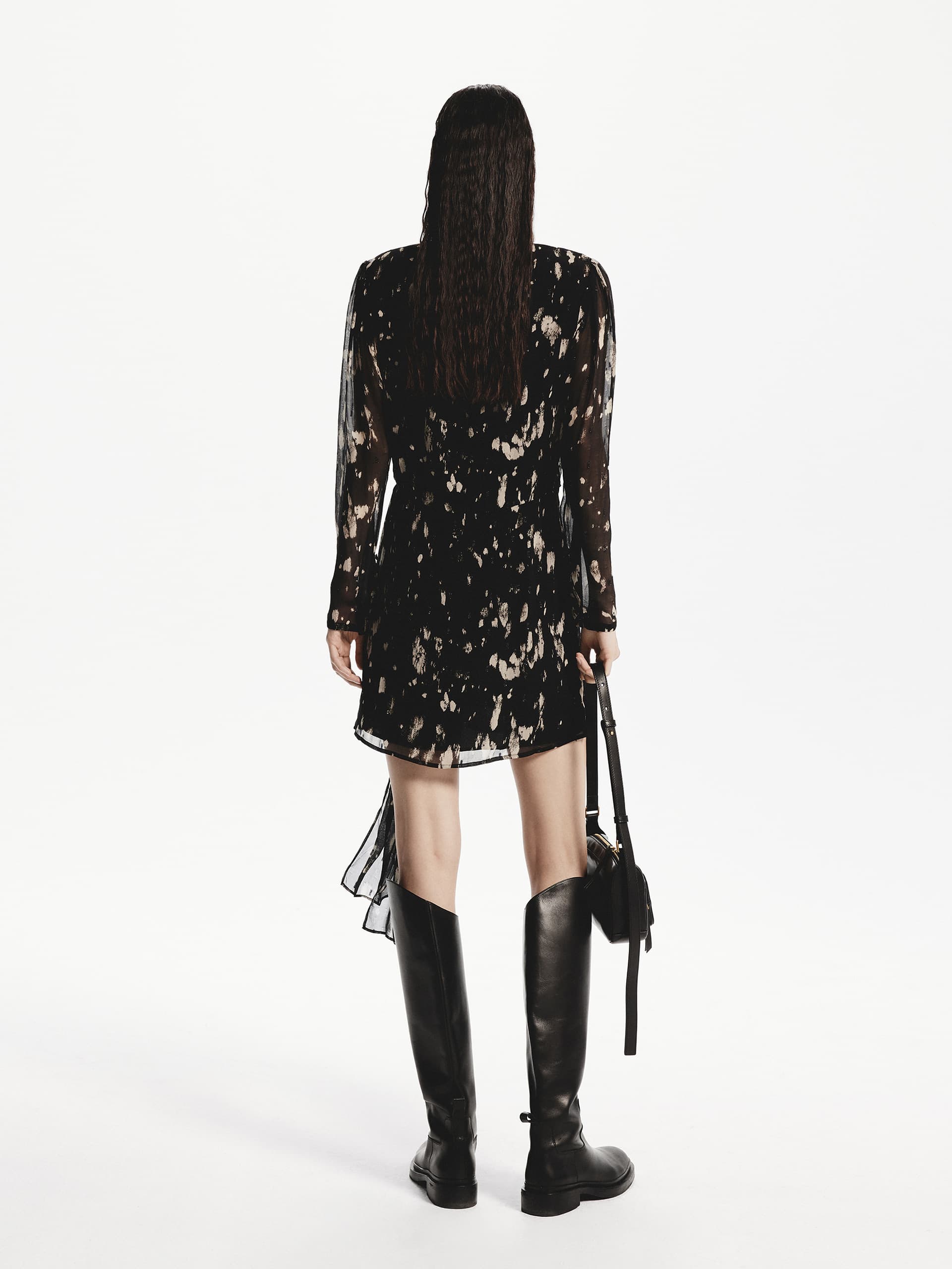 MO&Co. Women's Twisted Details Long Sleeves Brush Printed Mini Dress