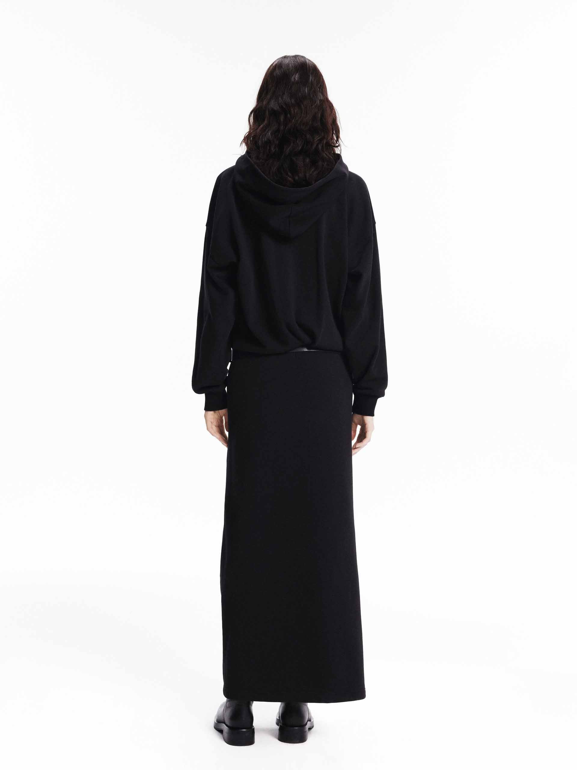 MO&Co. Women's Long Sleeves Slit Detail Hooded Midi Dress in Black with Casual Weekend Style