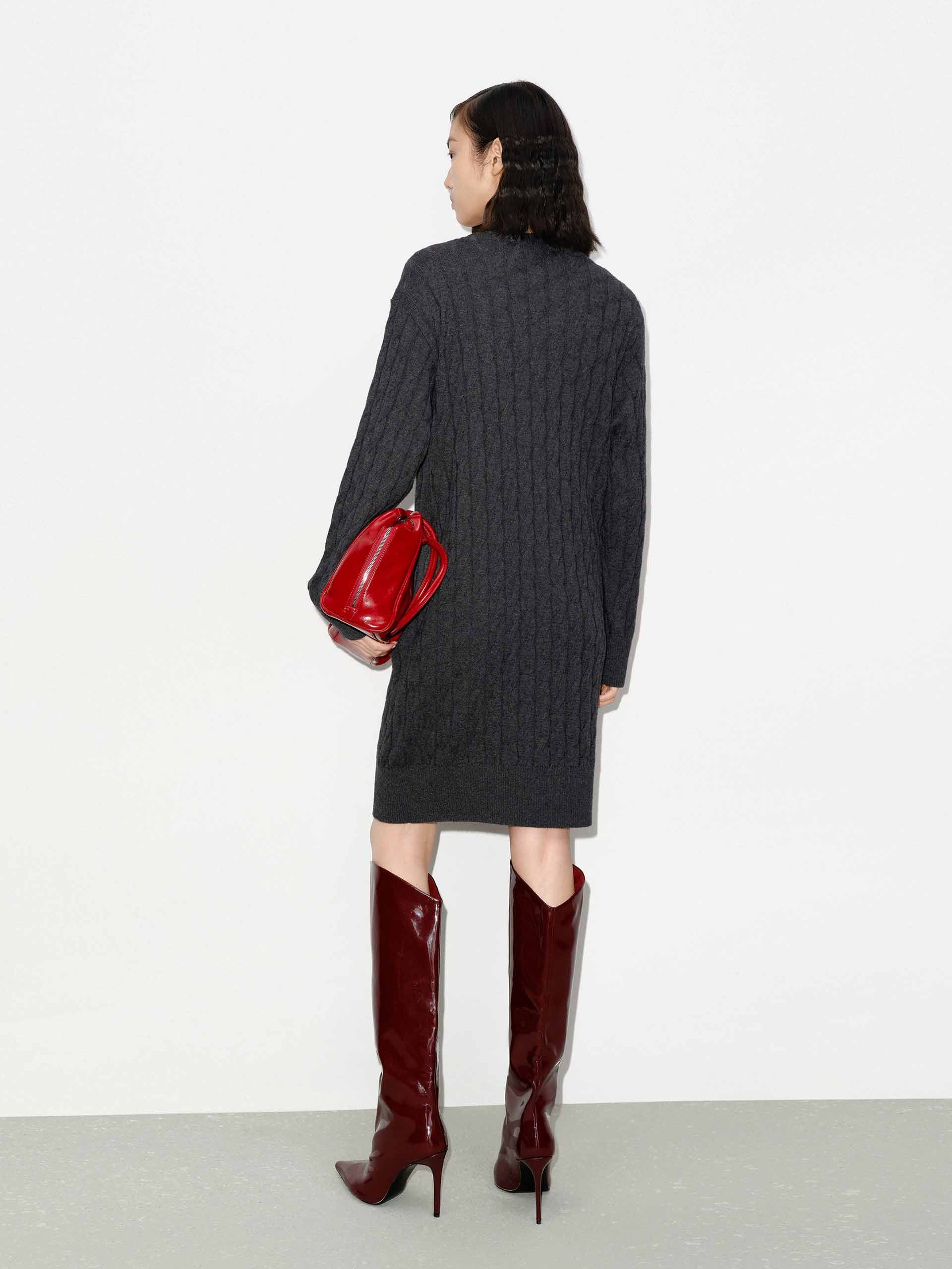 MO&Co. Women's Wool Cashmere Midi Cut Cable Knit Dress in Grey with Layers