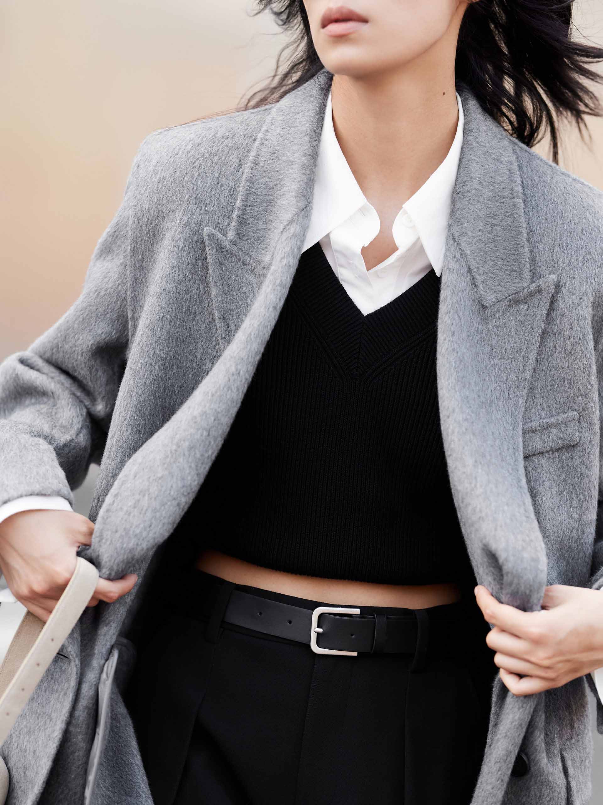 MO&Co. Women's Tailored Double Breasted Peak Lapel Wool Blend Midi Coat in Grey