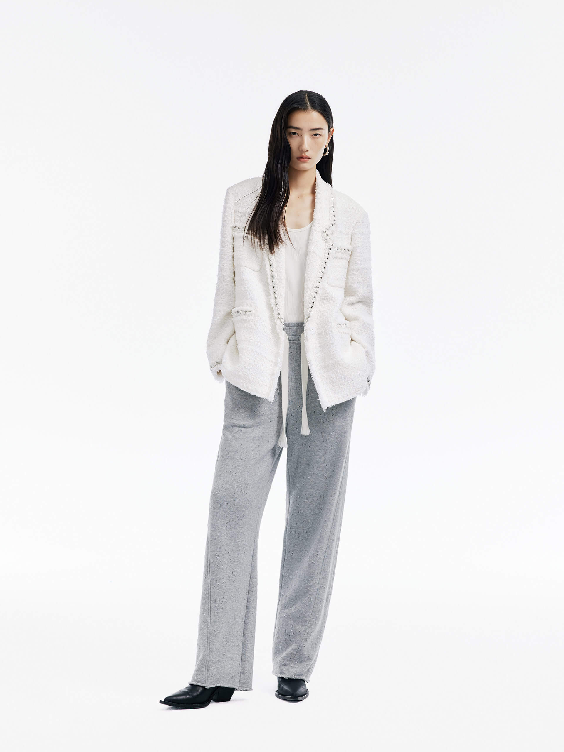 MO&Co. Women's Chain Embellished Metallic Tweed Jacket White