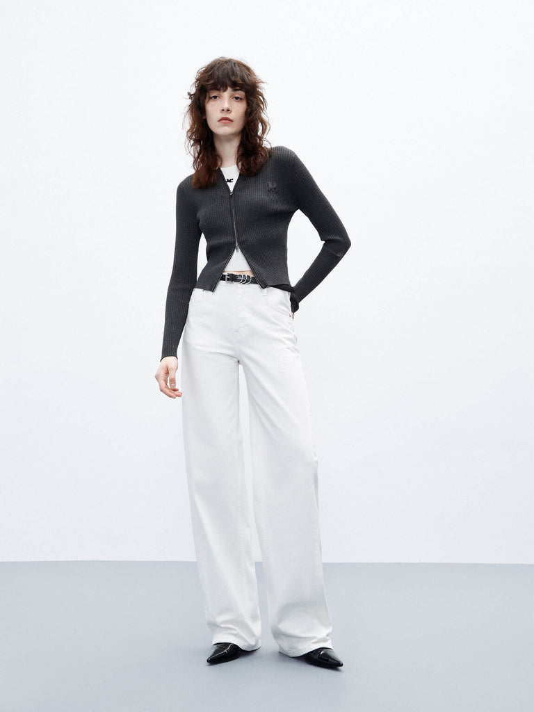 MO&Co. Women's Grey Ribbed Slim Fit Long Sleeves Zip-up Cardigan