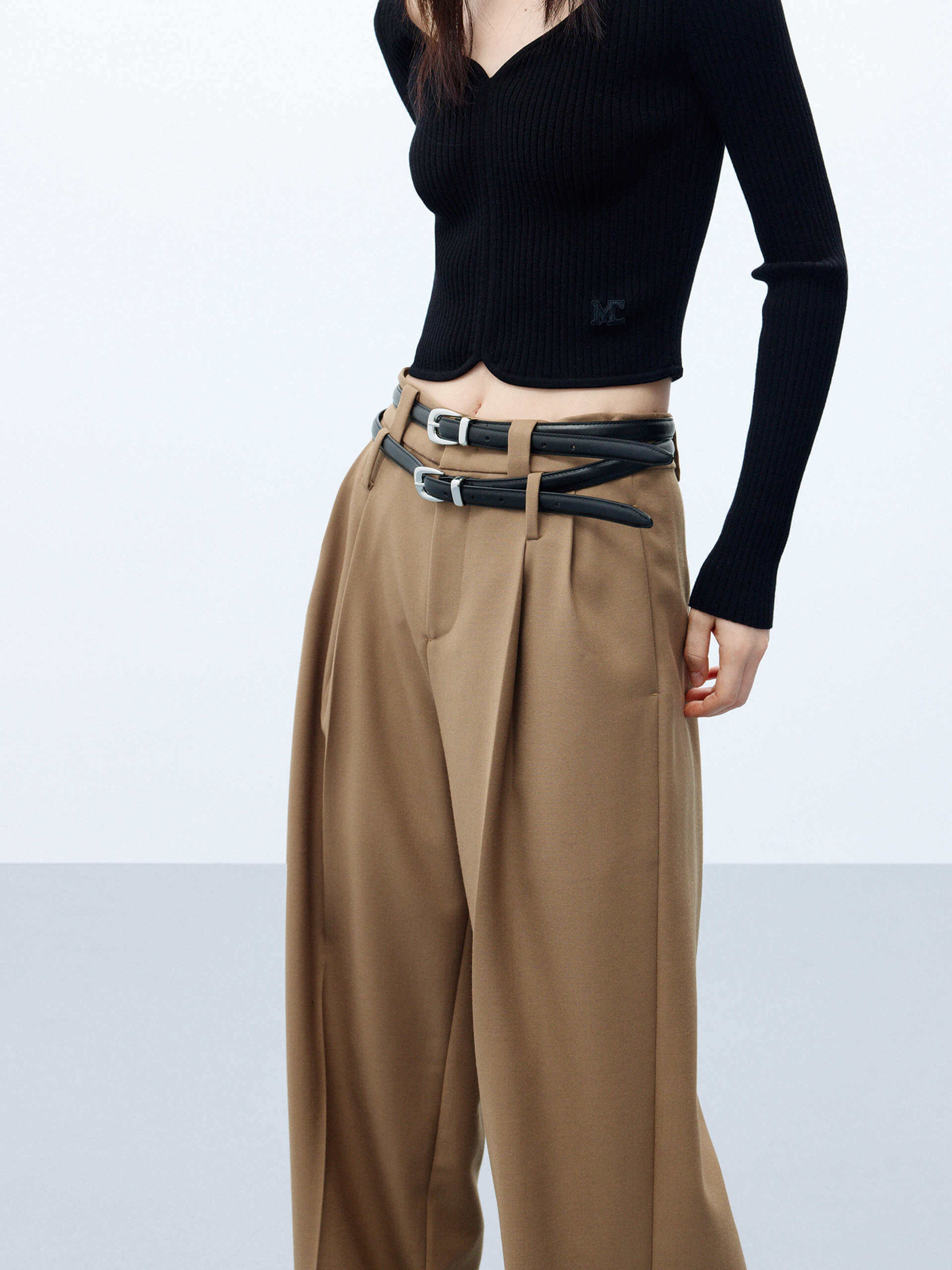 MO&Co. Women's Brown Wool Blend Pleated Wide Leg Pants with Belt
