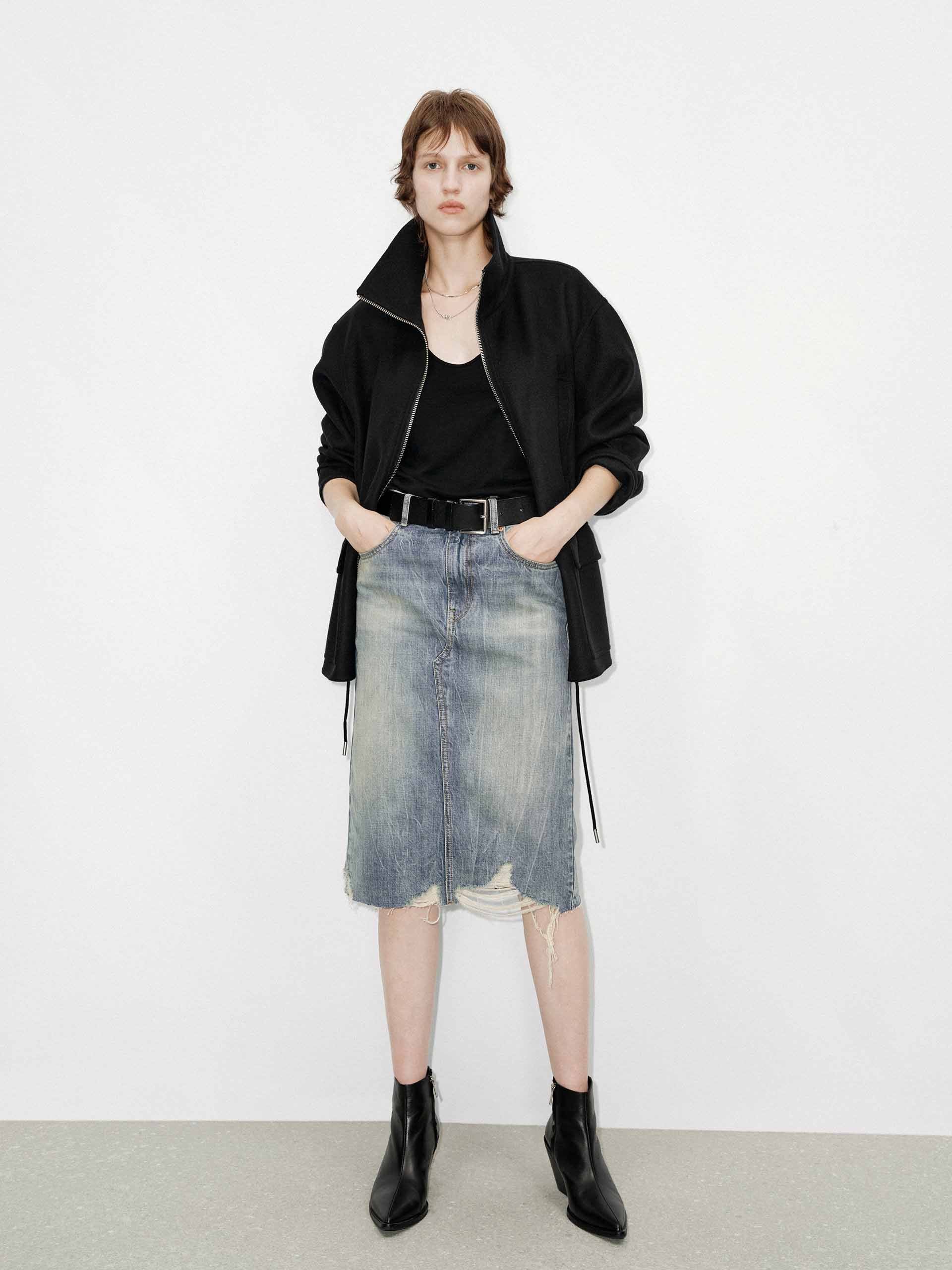 MO&Co. Women's Drawstring Waist 100% Wool Zipper Jacket in Black