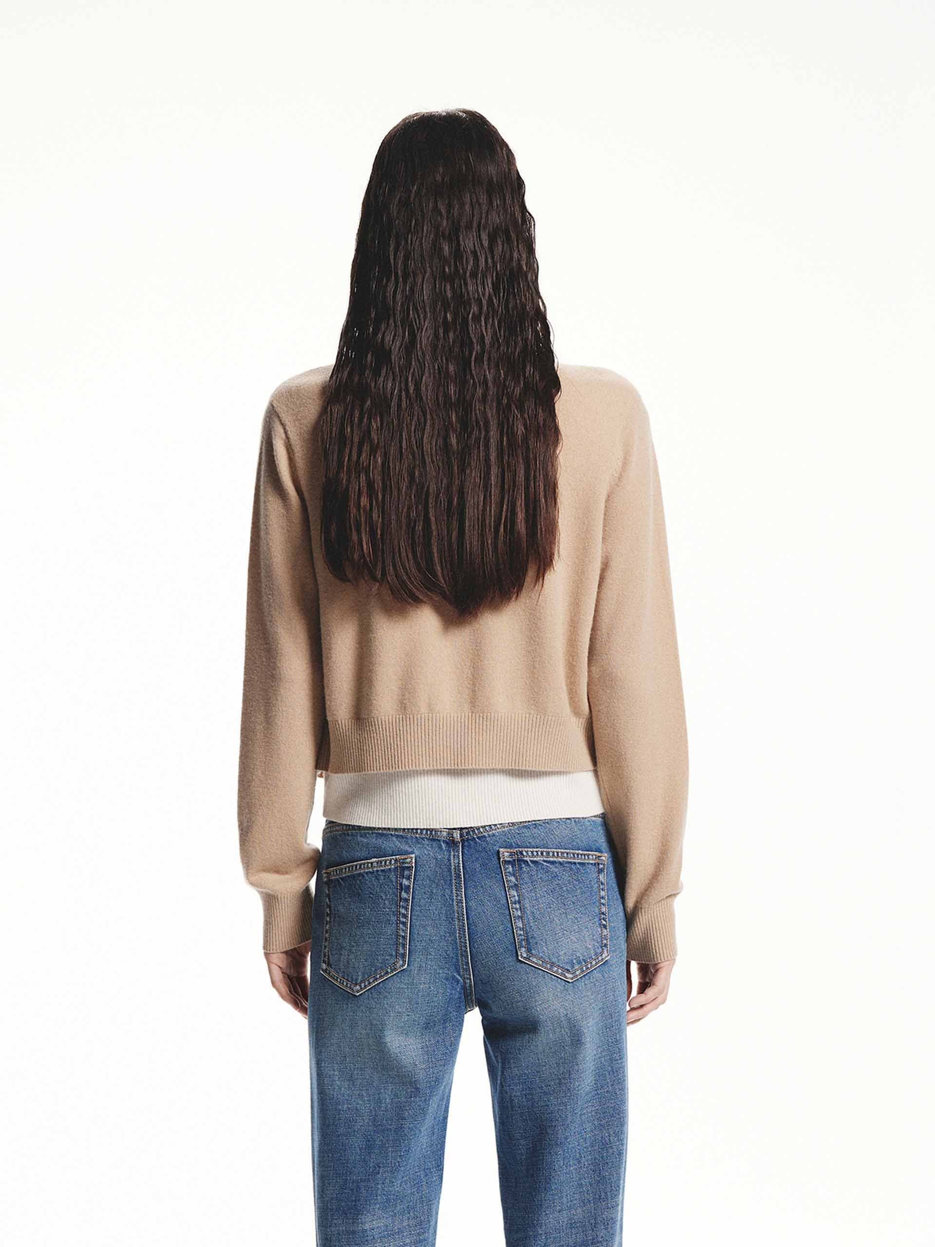 MO&Co. Women's Crew Neck Layer Wool Cashmere Cardigan with long sleeves in Camel