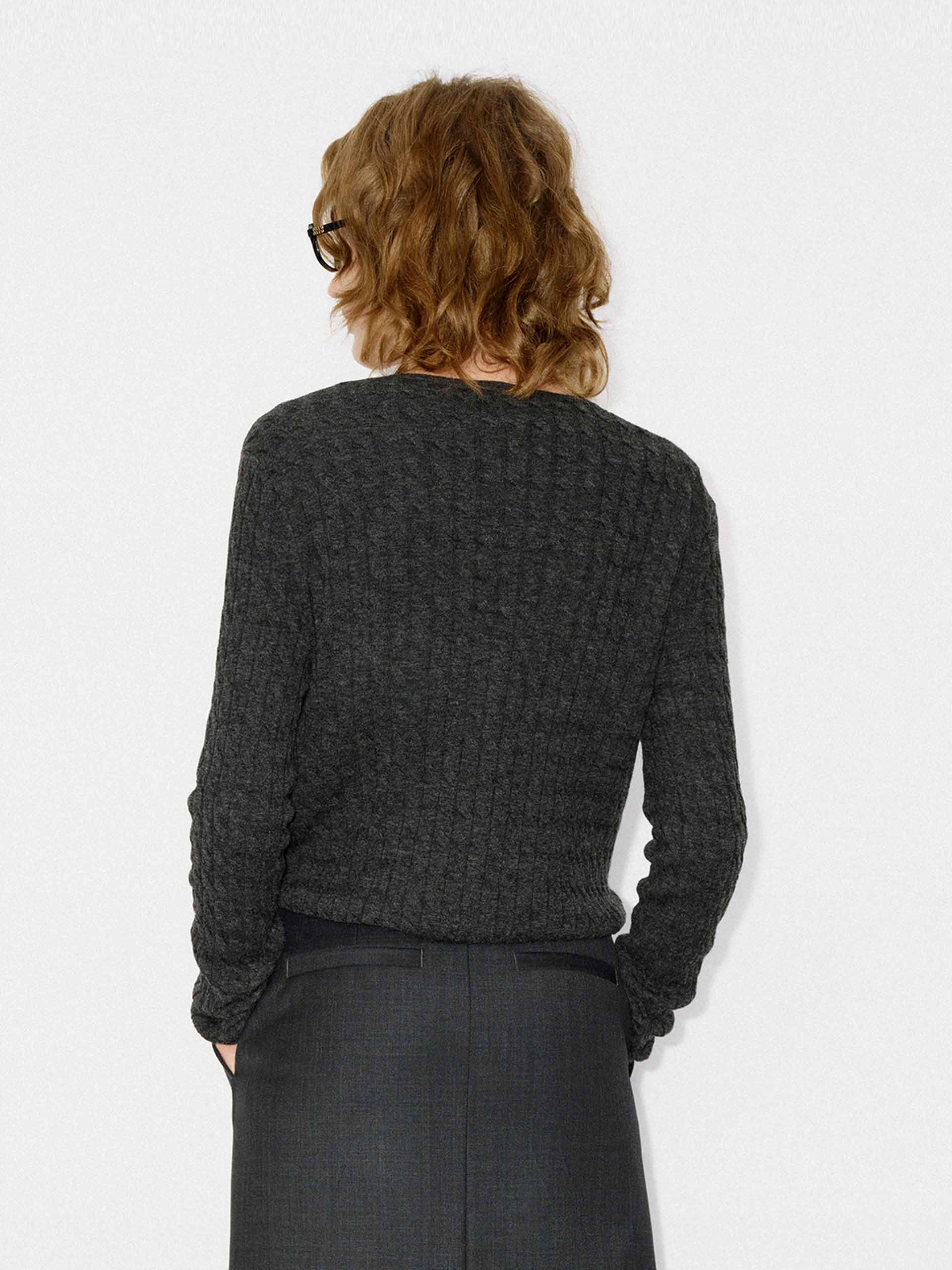 MO&Co. Women's Button Closure 100% Wool Cable Knit Fall Cardigan in Dark Grey