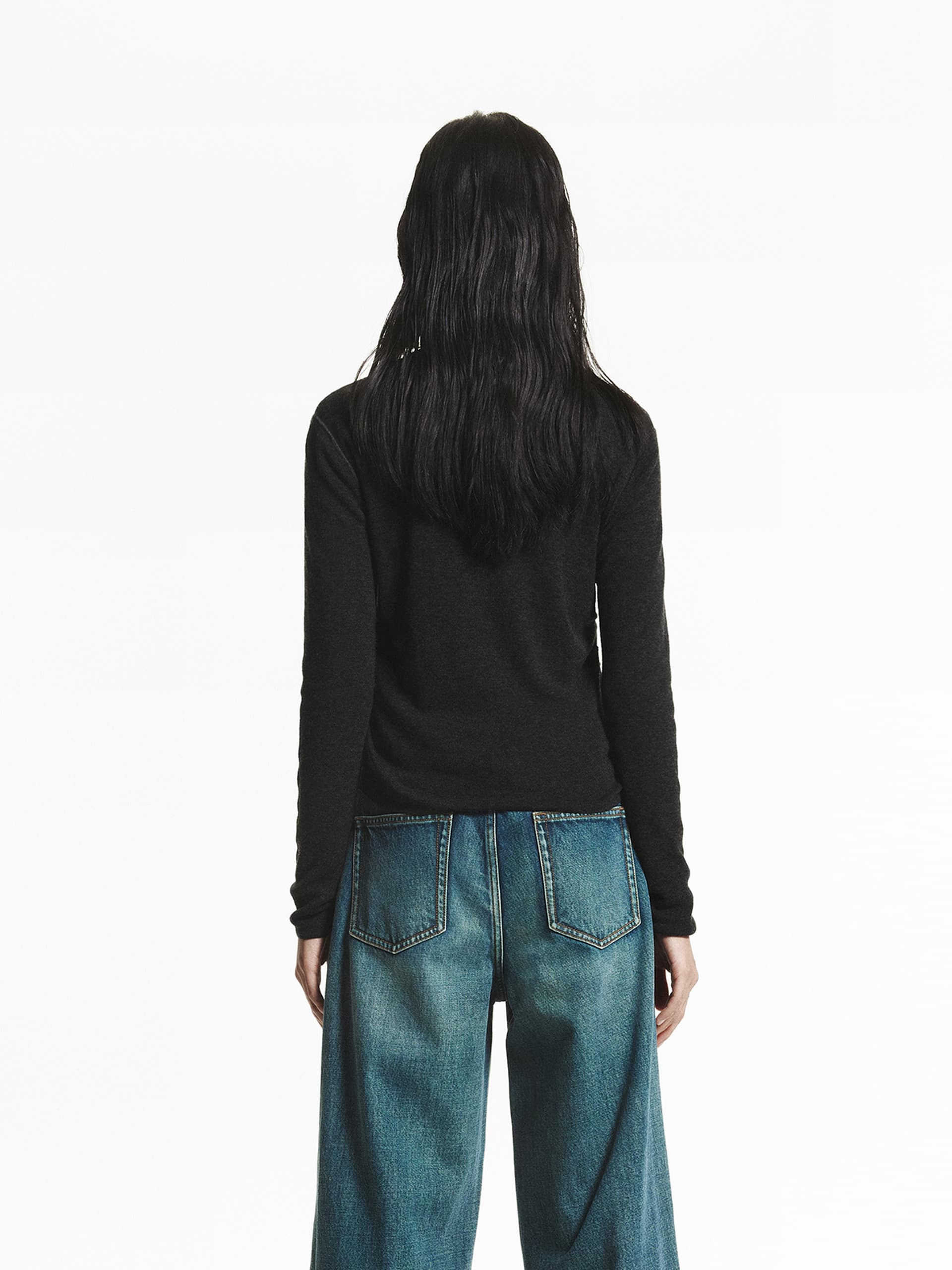 MO&Co. Women's Pure Merino Wool Round Neck Long Sleeve Knit Cardigan in Grey