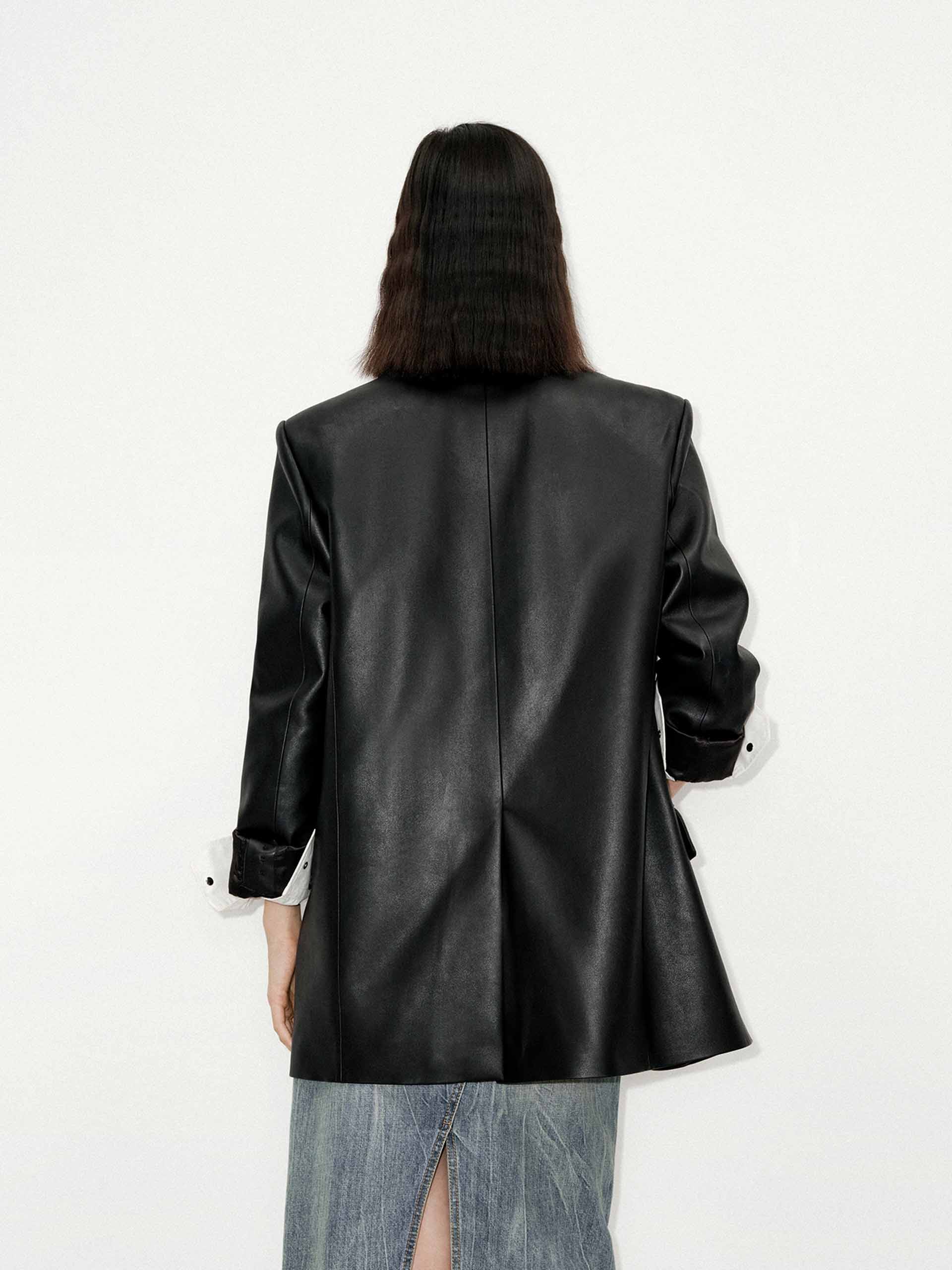 MO&Co. Women's Oversized Faux Leather Blazer with shoulder paddings in Black