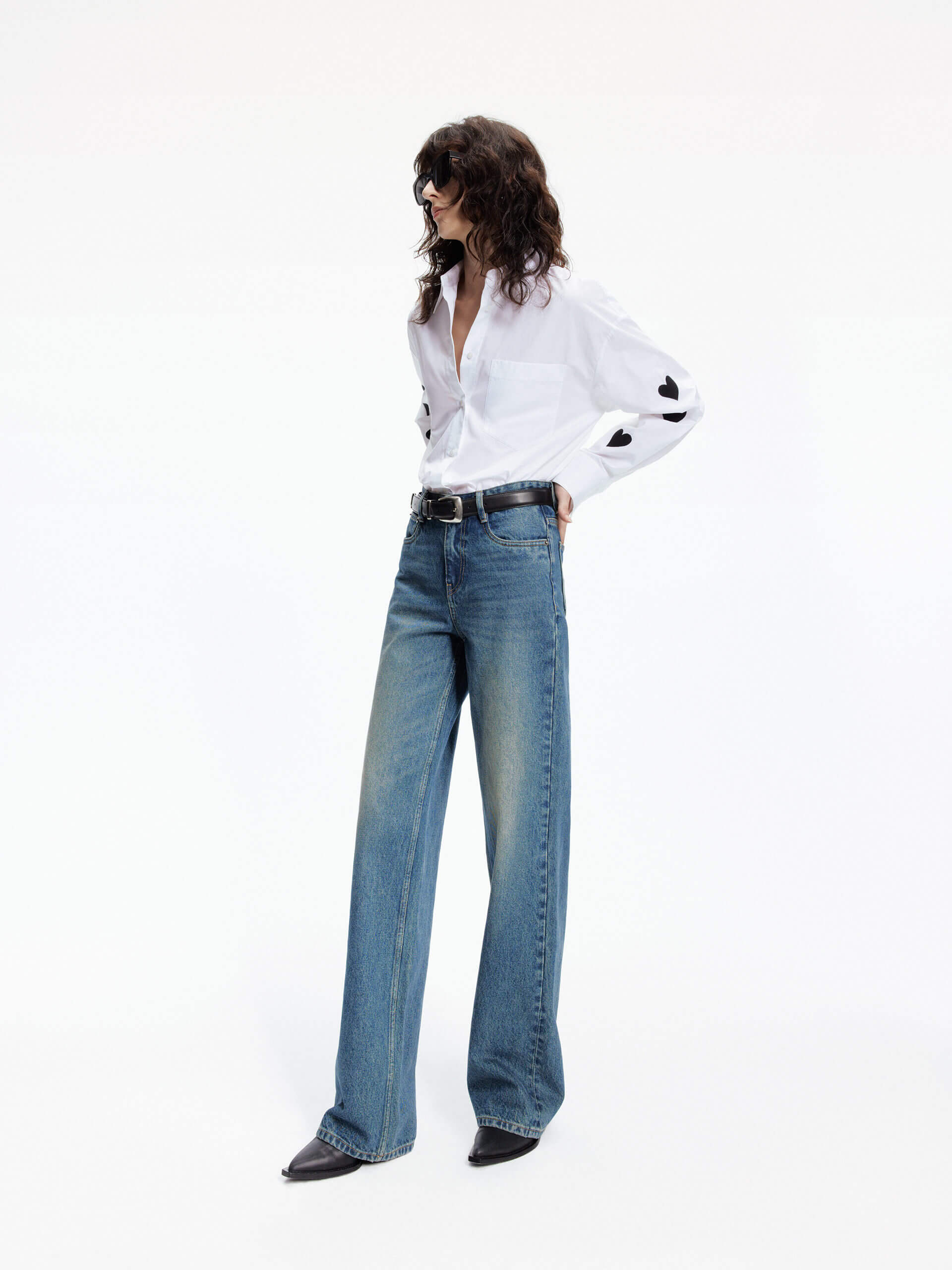 MO&Co. Women's 100% Cotton Full Length High Rise Straight Jeans Blue