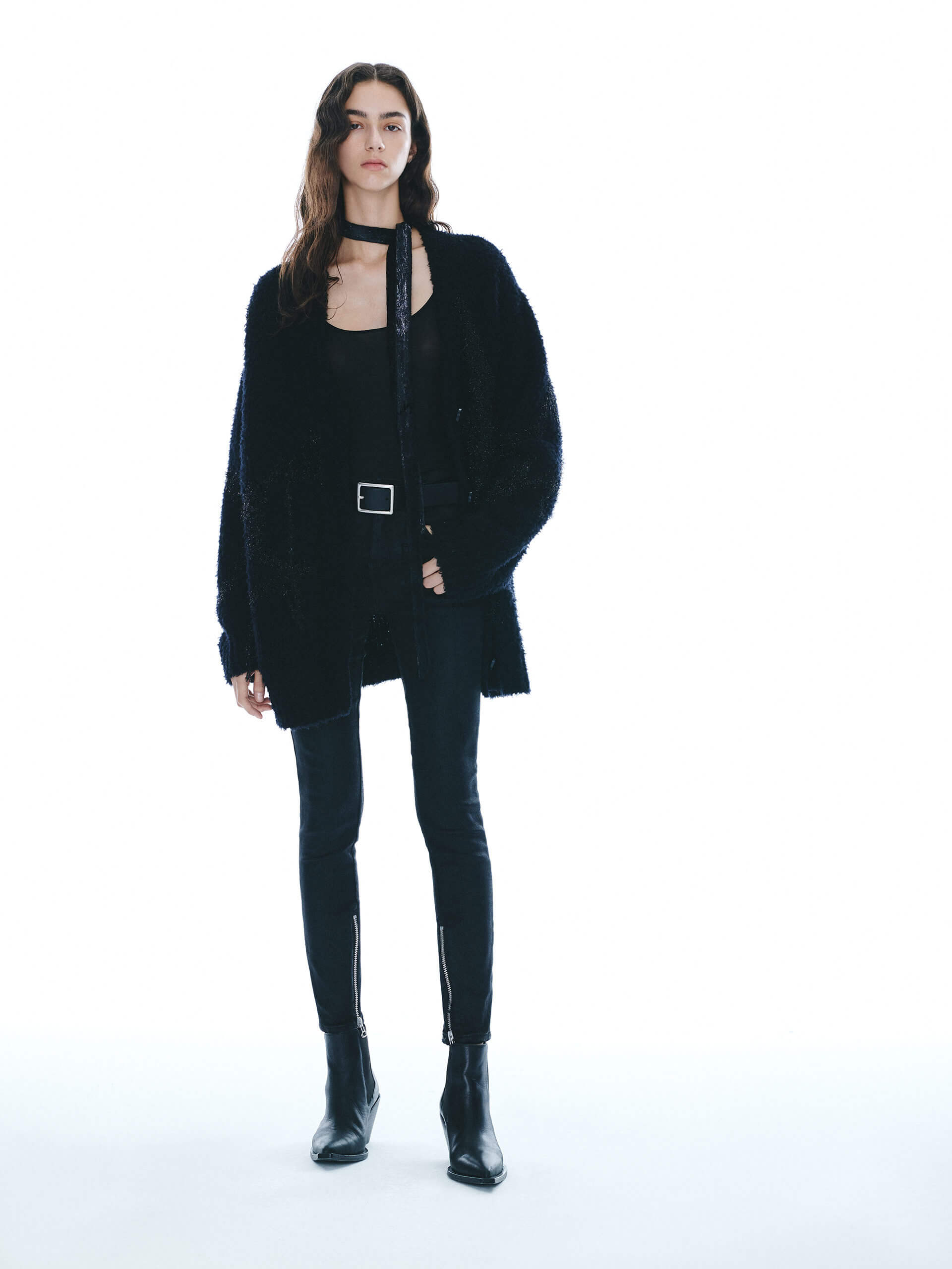 MO&Co. Noir Women's Oversized Fuzzy V Neck Knit Cardigan in Black with Star Guiltier Jacquard Details