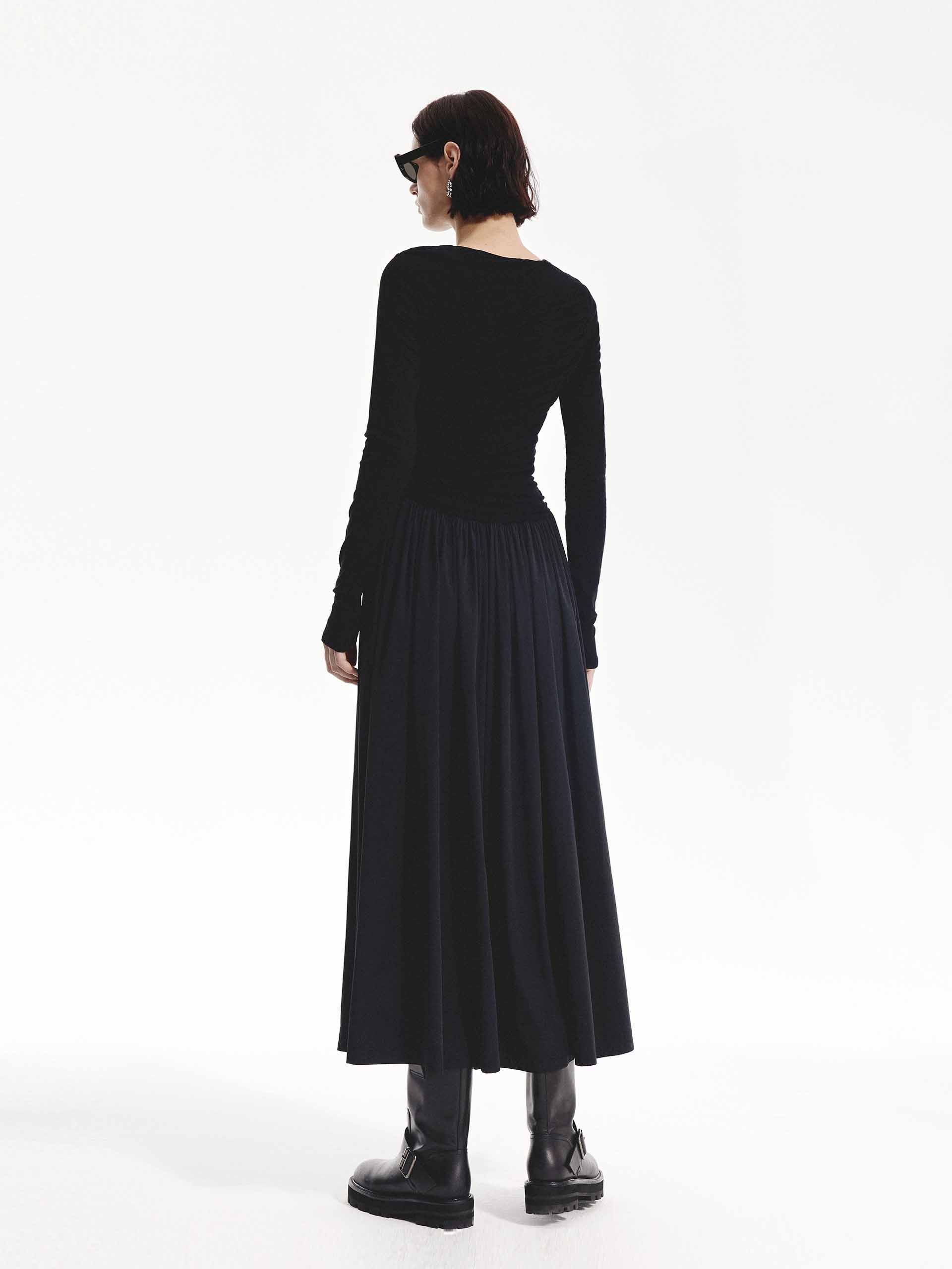 MO&Co. Women's Long Sleeves Paneled Midi Dress in Black