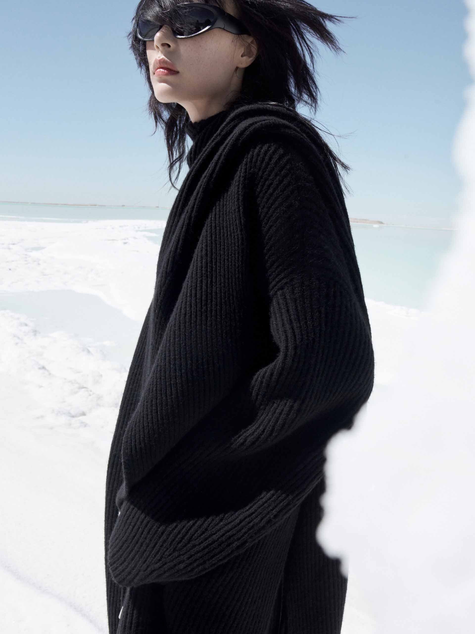 MO&Co. Women's Scarf Collar Wool Alpaca fleece Blend Longline Cardigan in Black