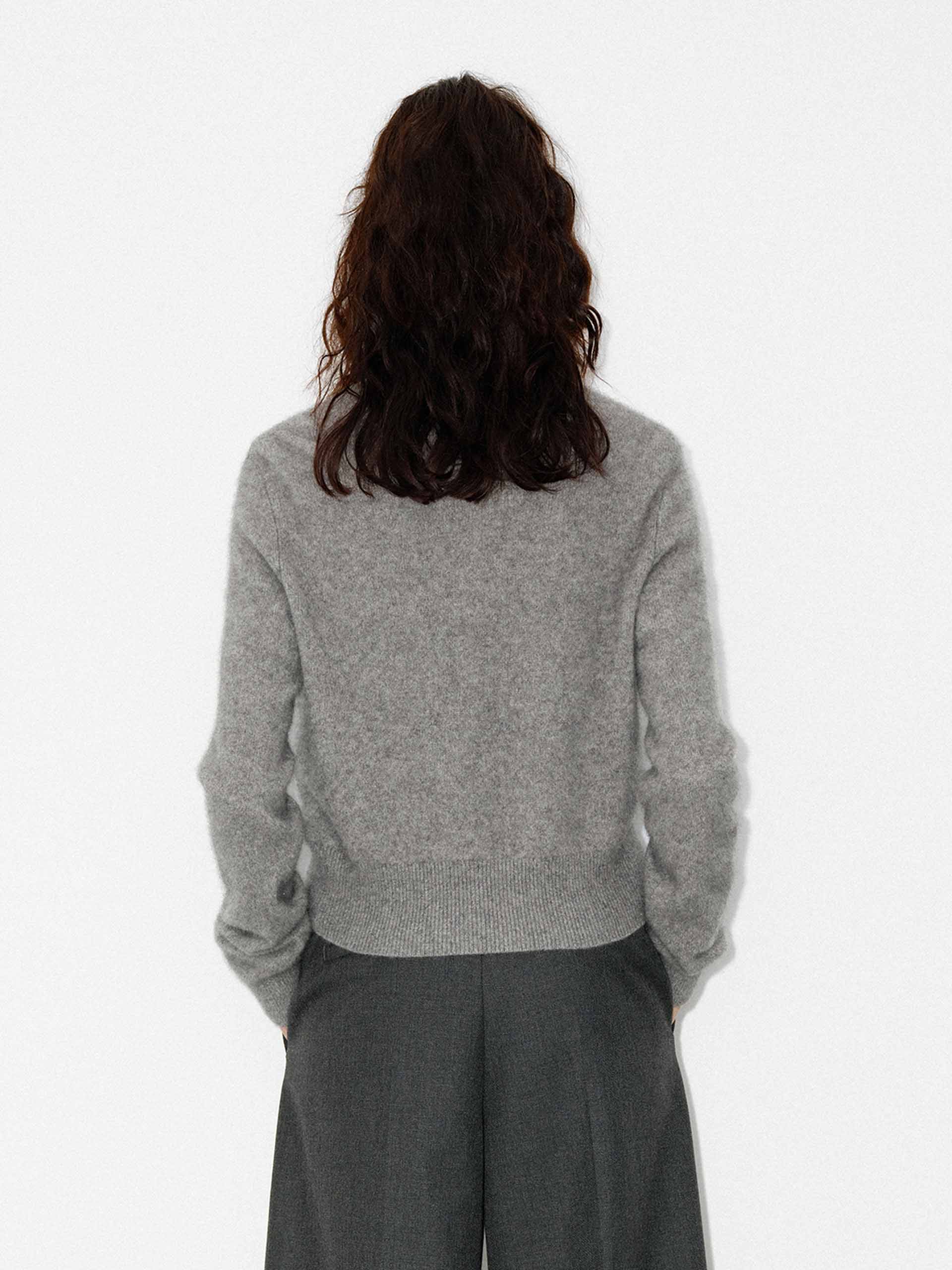 MO&Co. Women's Wool Blend Button Down Crew Neck Fluffy Cardigan in Grey