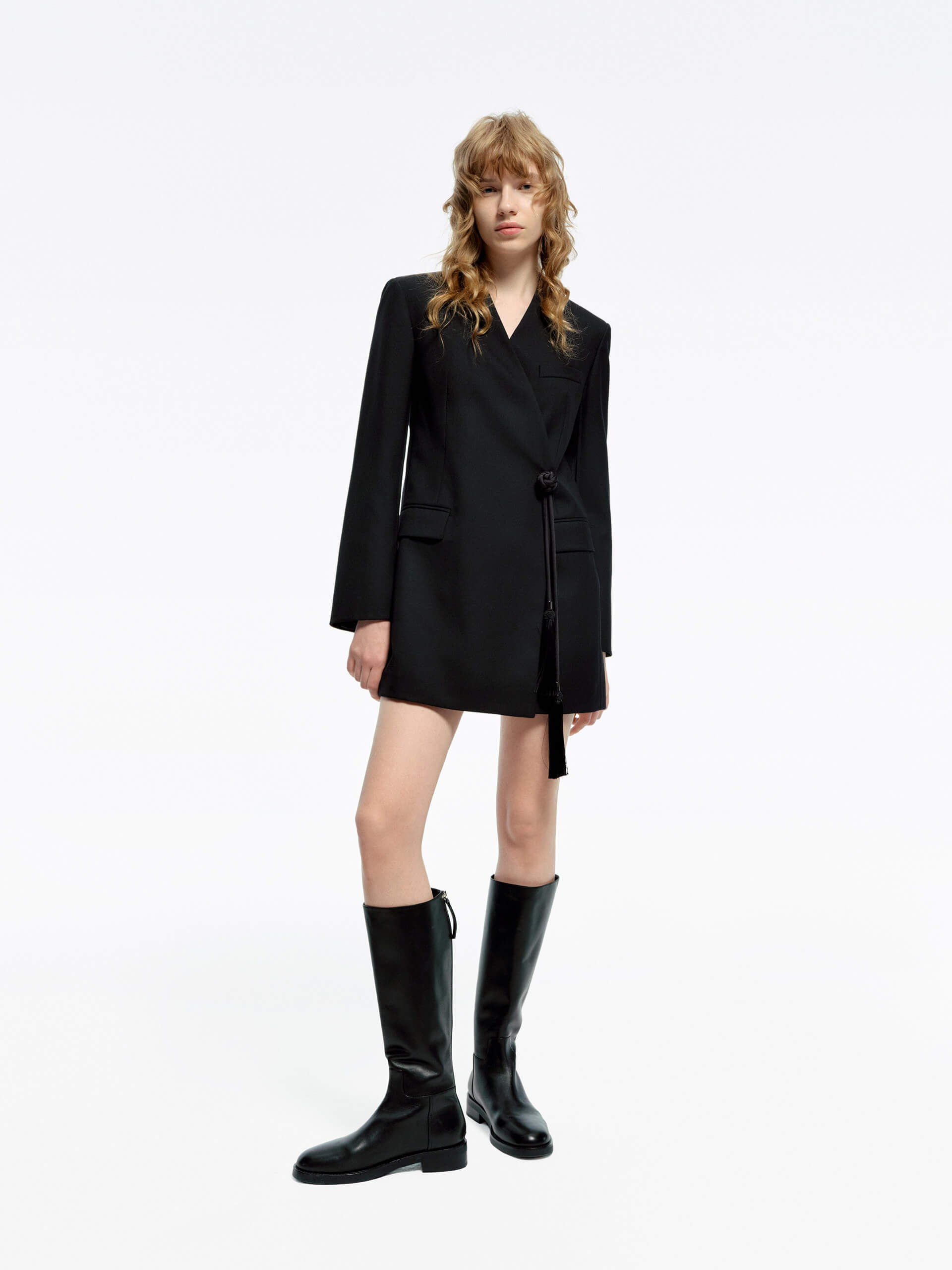 MO&Co. Women's Wool Blend Black Blazer Dress features long sleeves and wrap design