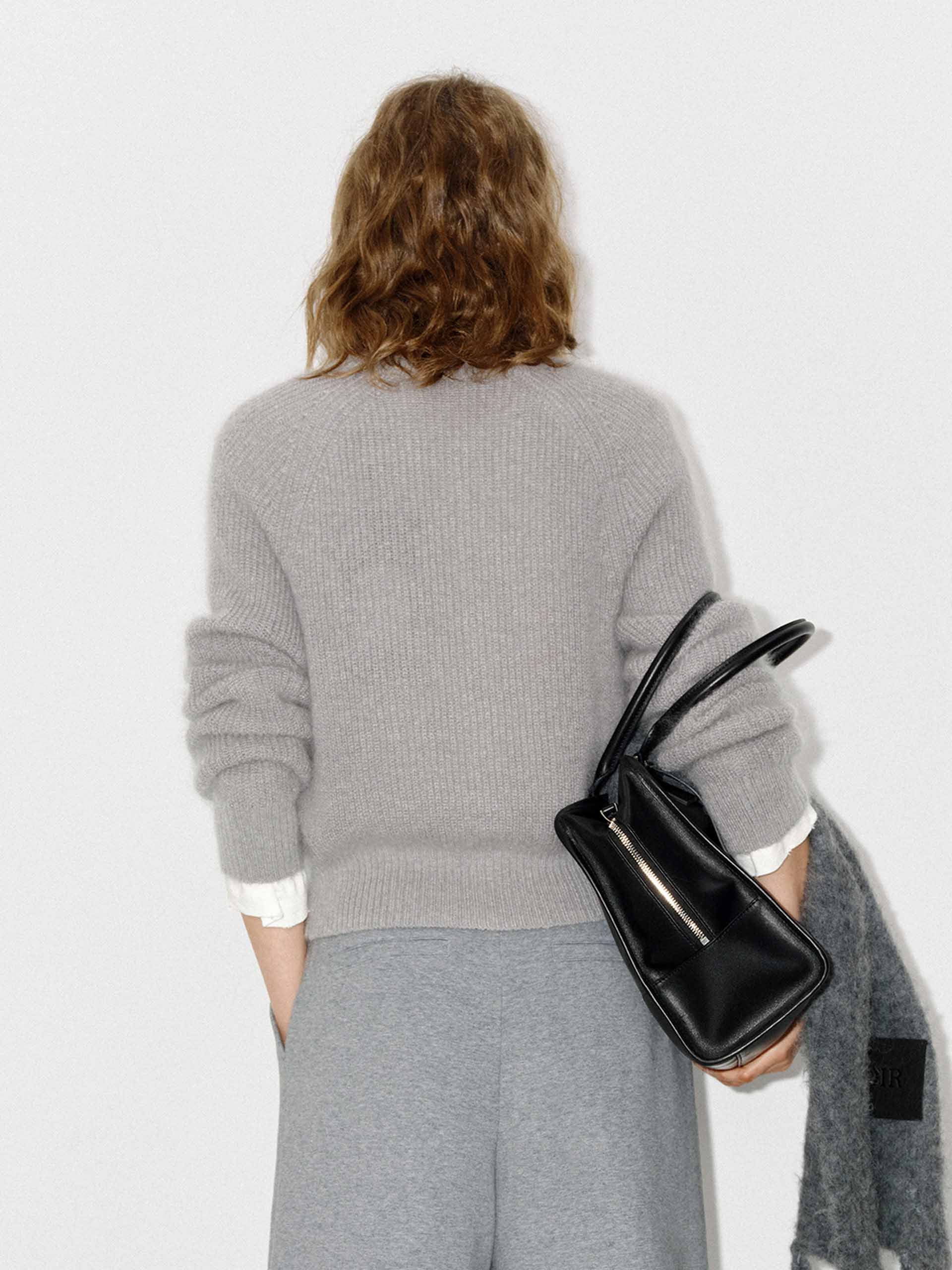 MO&Co. Women's Mohair Blend Fluffy Textured Regular Fit Knit Cardigan in Light Grey