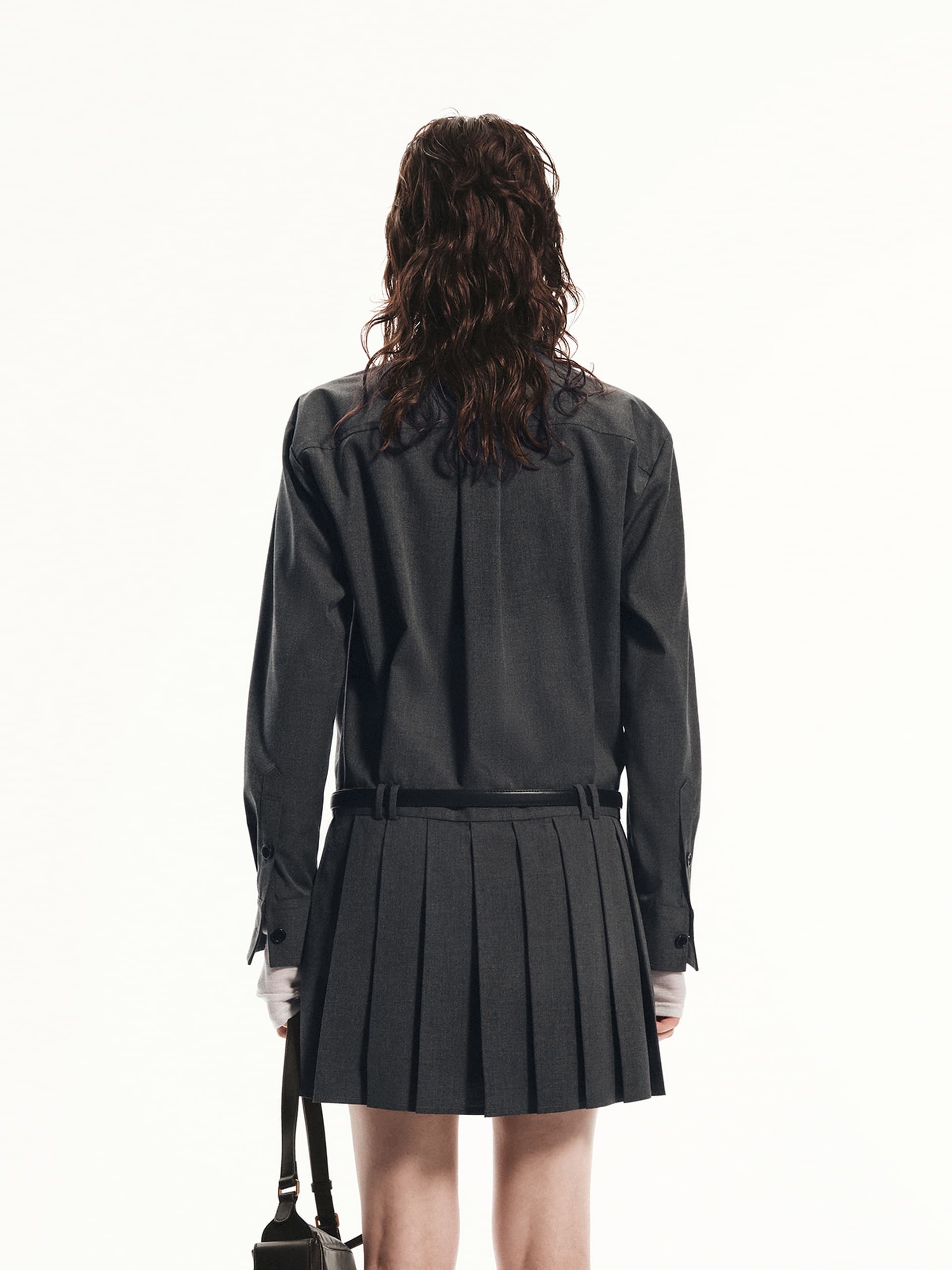 MO&Co. Women's Long Sleeves Pleated Mini Shirt Dress Preppy Core Style