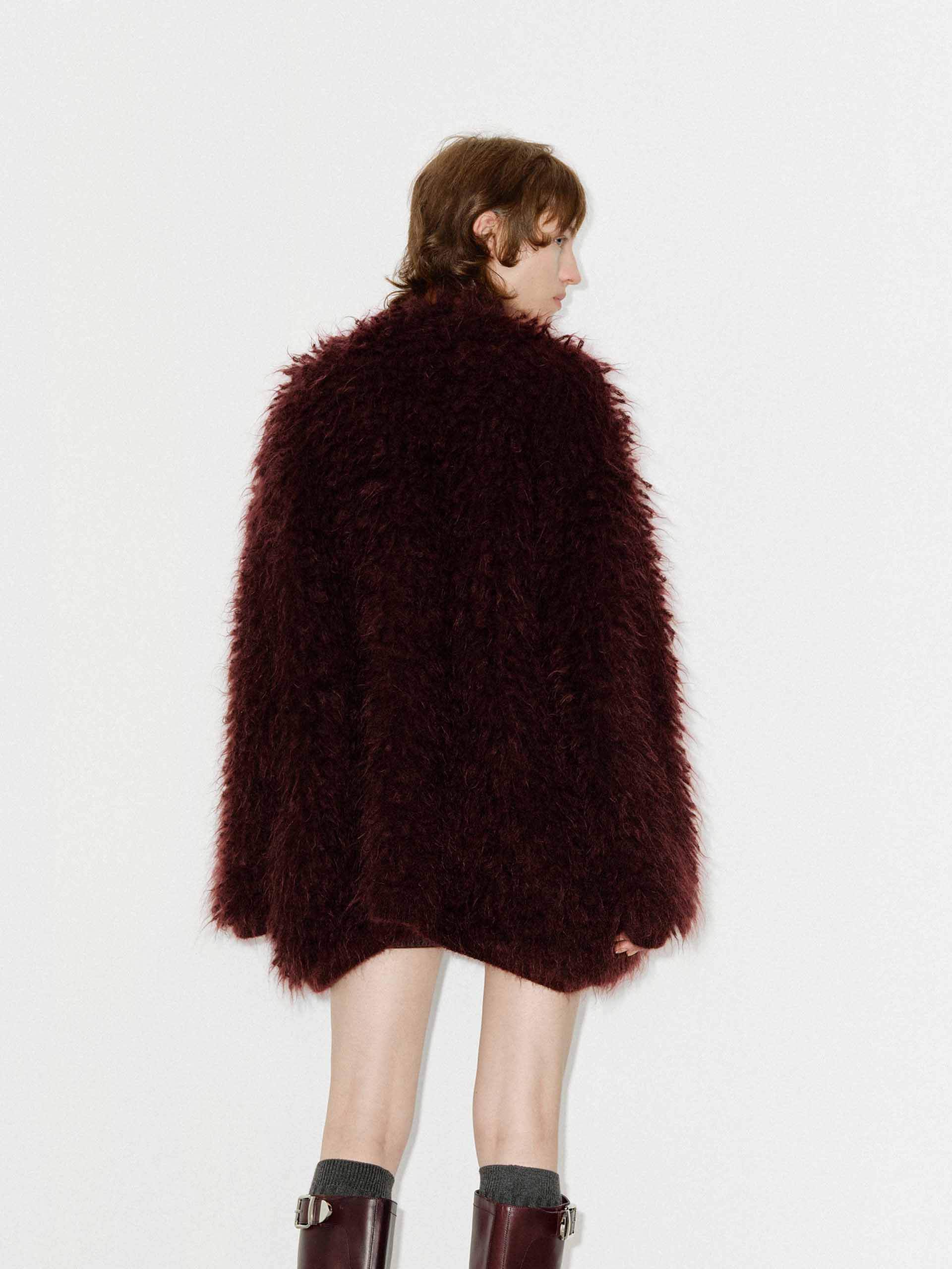 MO&Co. Women's Loose Fit Mohair Blend Fuzzy Long Sleeves Cardigan in Burgundy