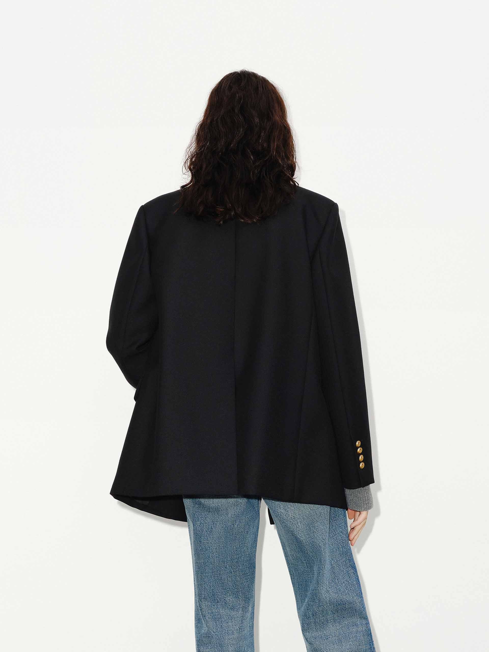 MO&Co. Women's Metallic Button Peak Lapel Structured Blazer Wool Blend in Black