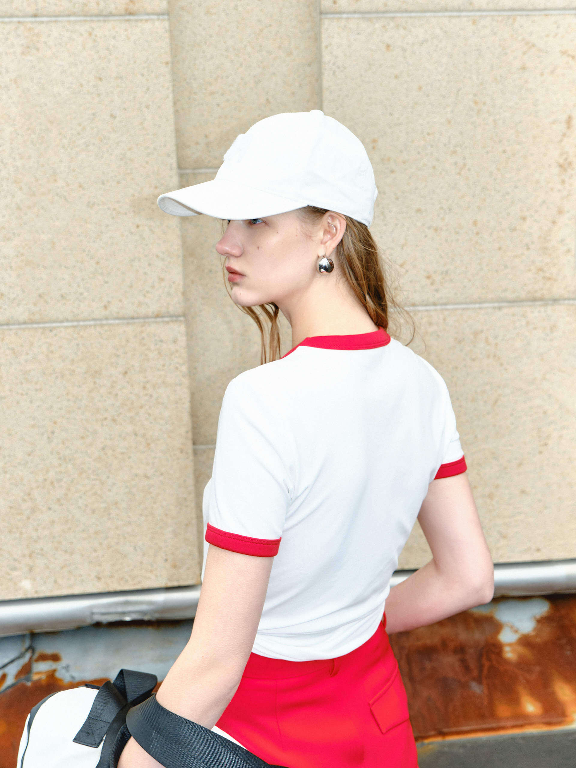 MO&Co. Women's Contrast Trim Cotton Blend Slim Fit Letter Embroidery T-shirt for Summer in White