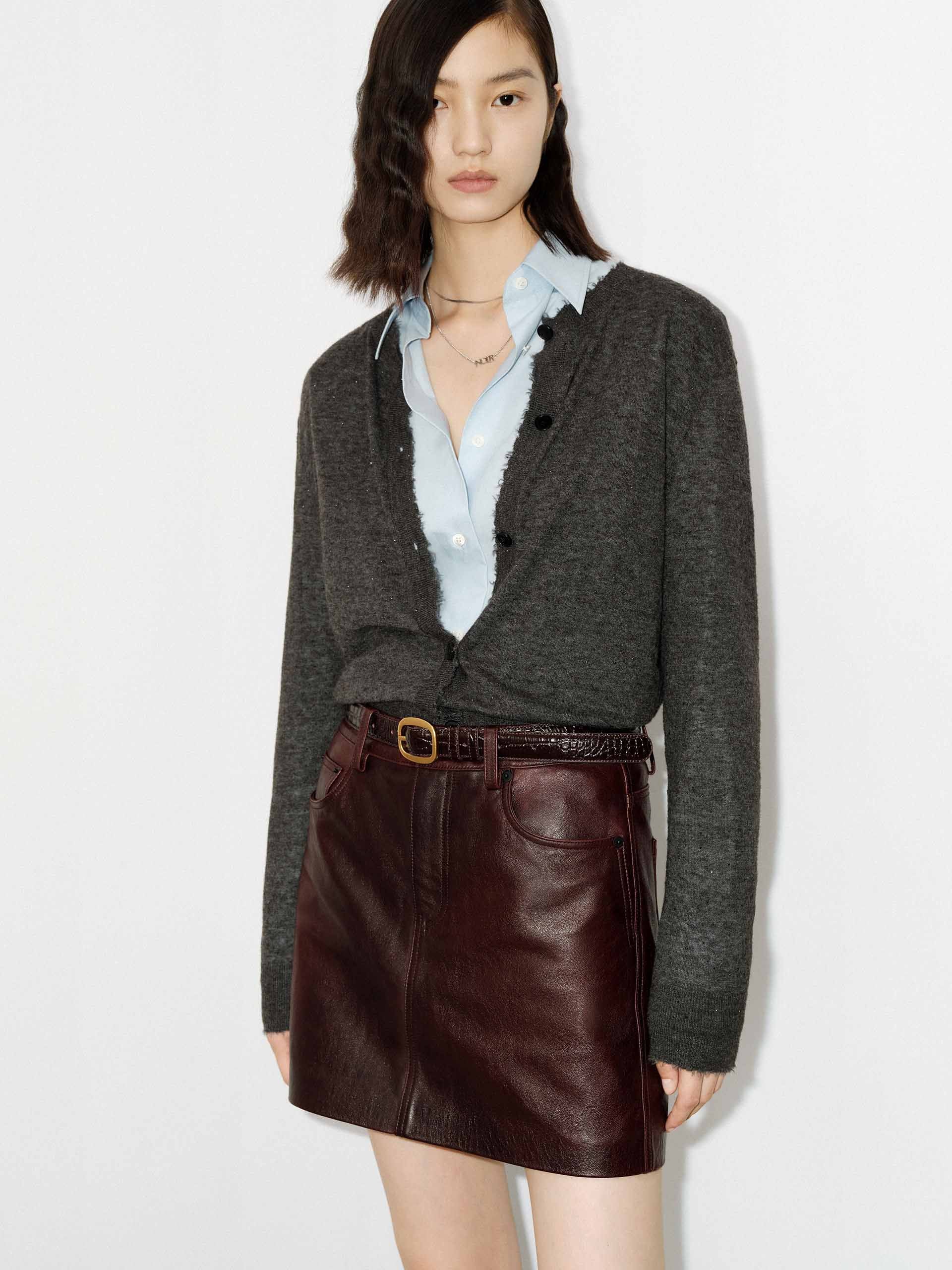 MO&Co. Women's Raw Trim Detail Alpaca fleece and Wool Blend Knit Cardigan in Dark Grey with Rhinestone Details