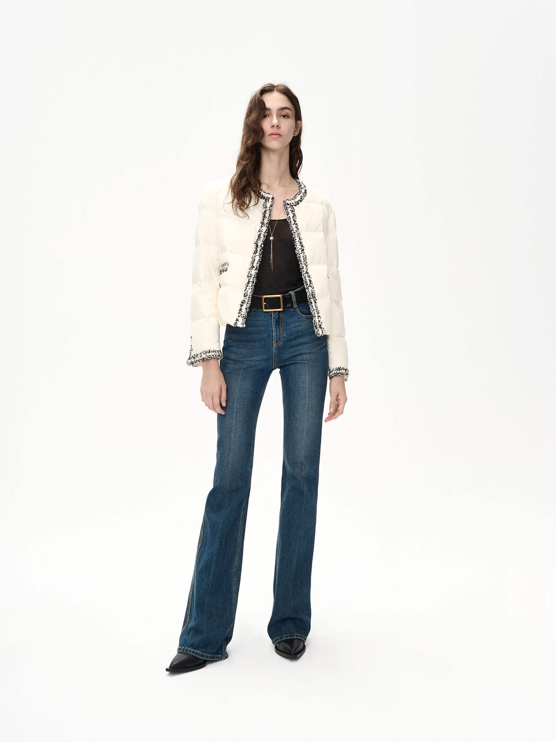 MO&Co. Women's Crochet Details Collarless Puffer Jacket in Beige