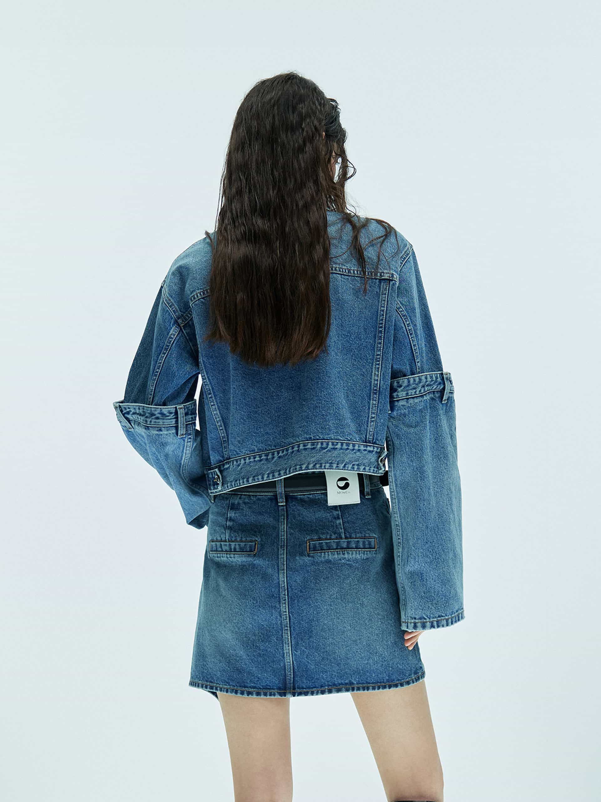 MO&Co. X Coperni Collection | Women's Paneled Open Elbow Blue Denim Jacket