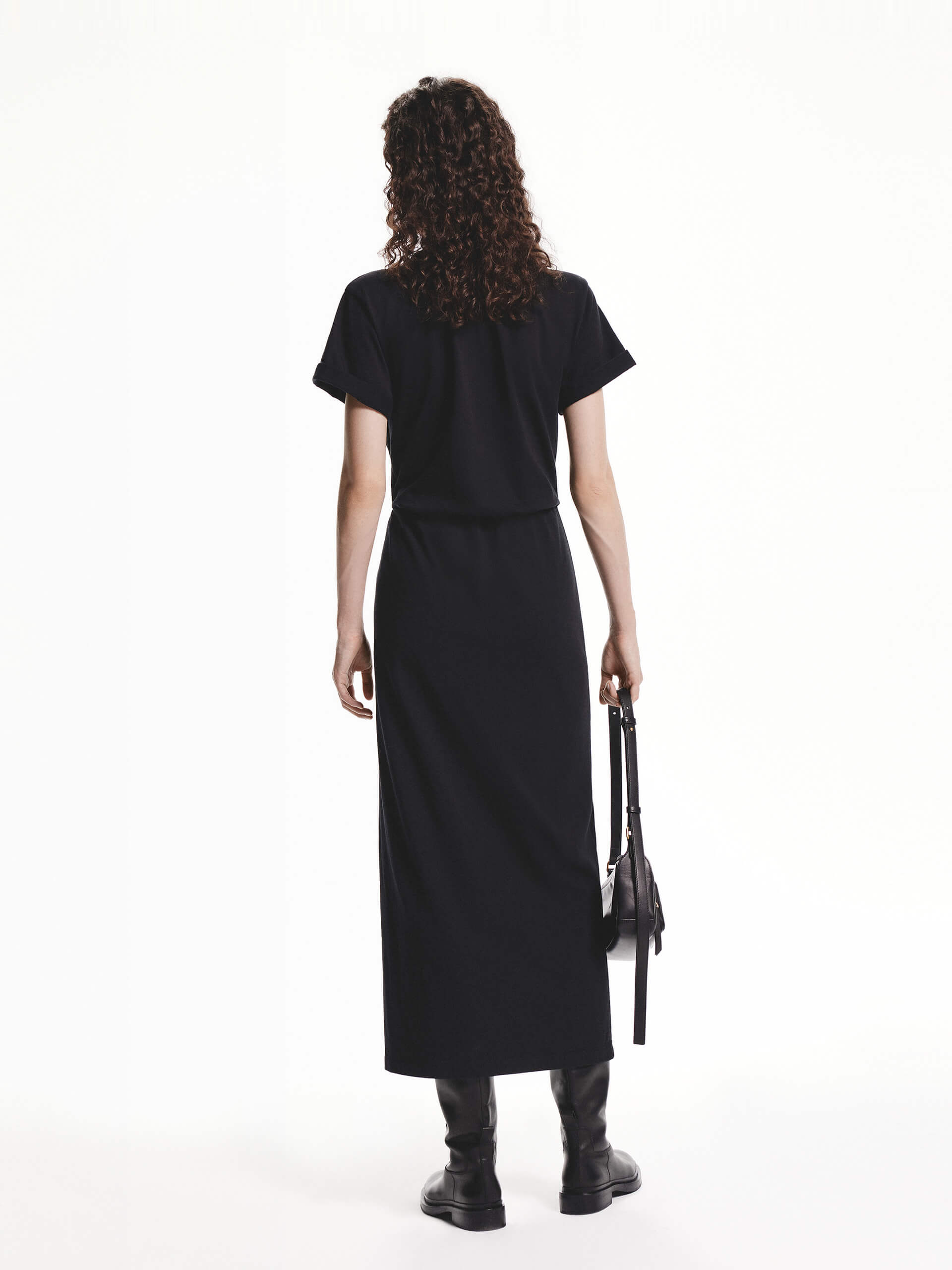 MO&Co. Women's Twist Detail Short Sleeves Midi Dress Black with Slit Detailing