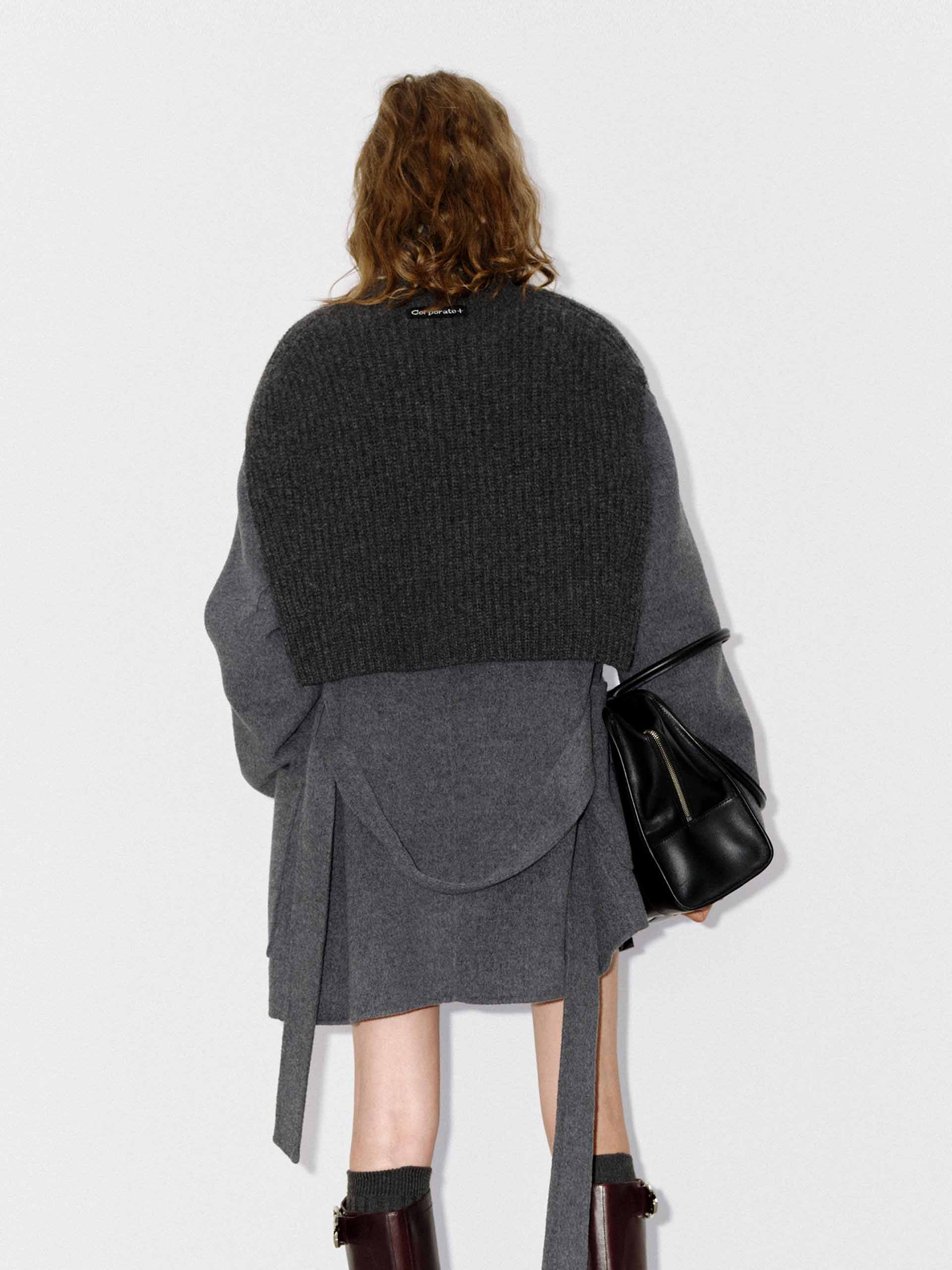 MO&Co. Women's 100% Merino Wool Belted Short Coat with Knit Scarf in Grey