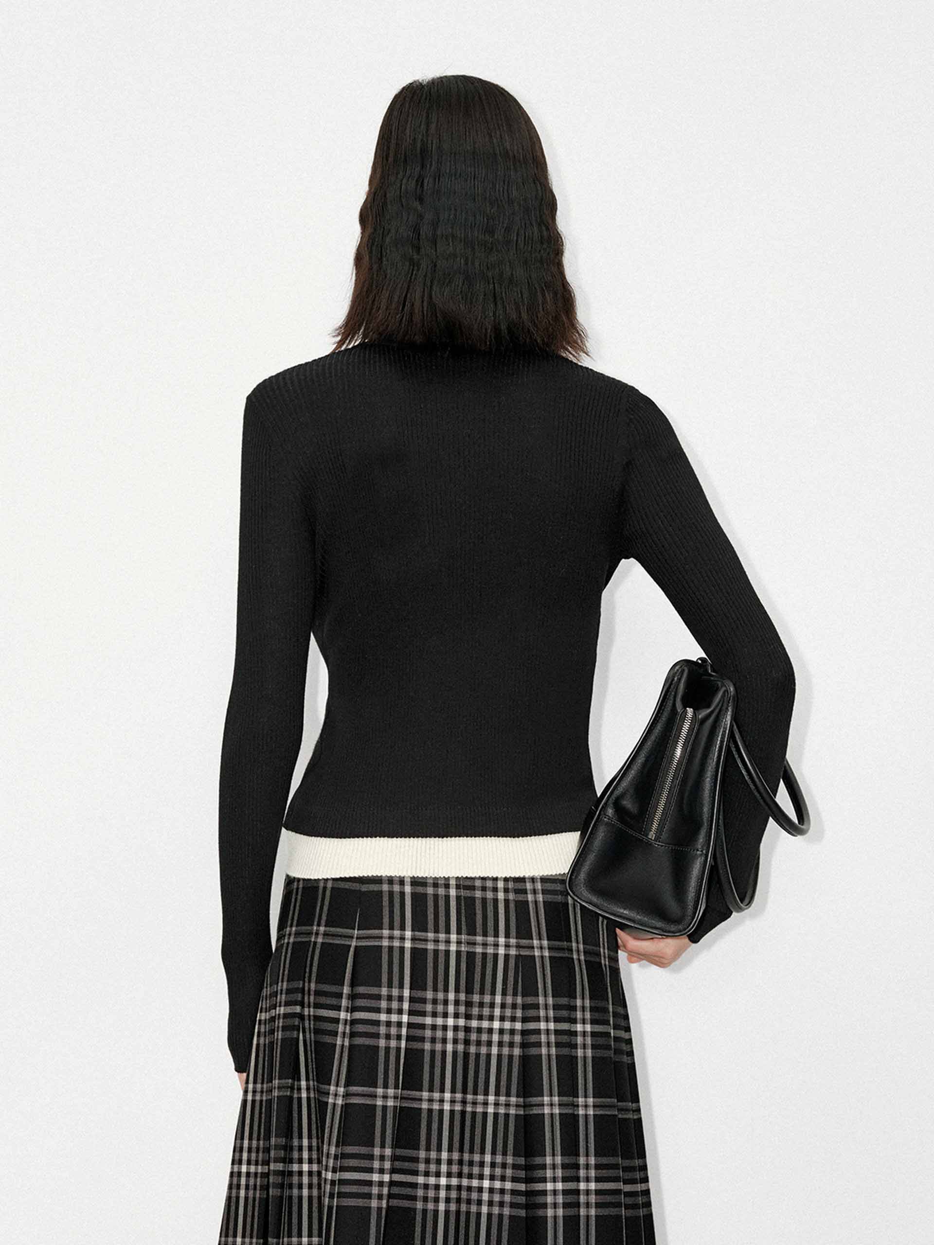 MO&Co. Women's Contrast Layered Detail V-neck Tight Fit Wool Blend Cardigan in Black