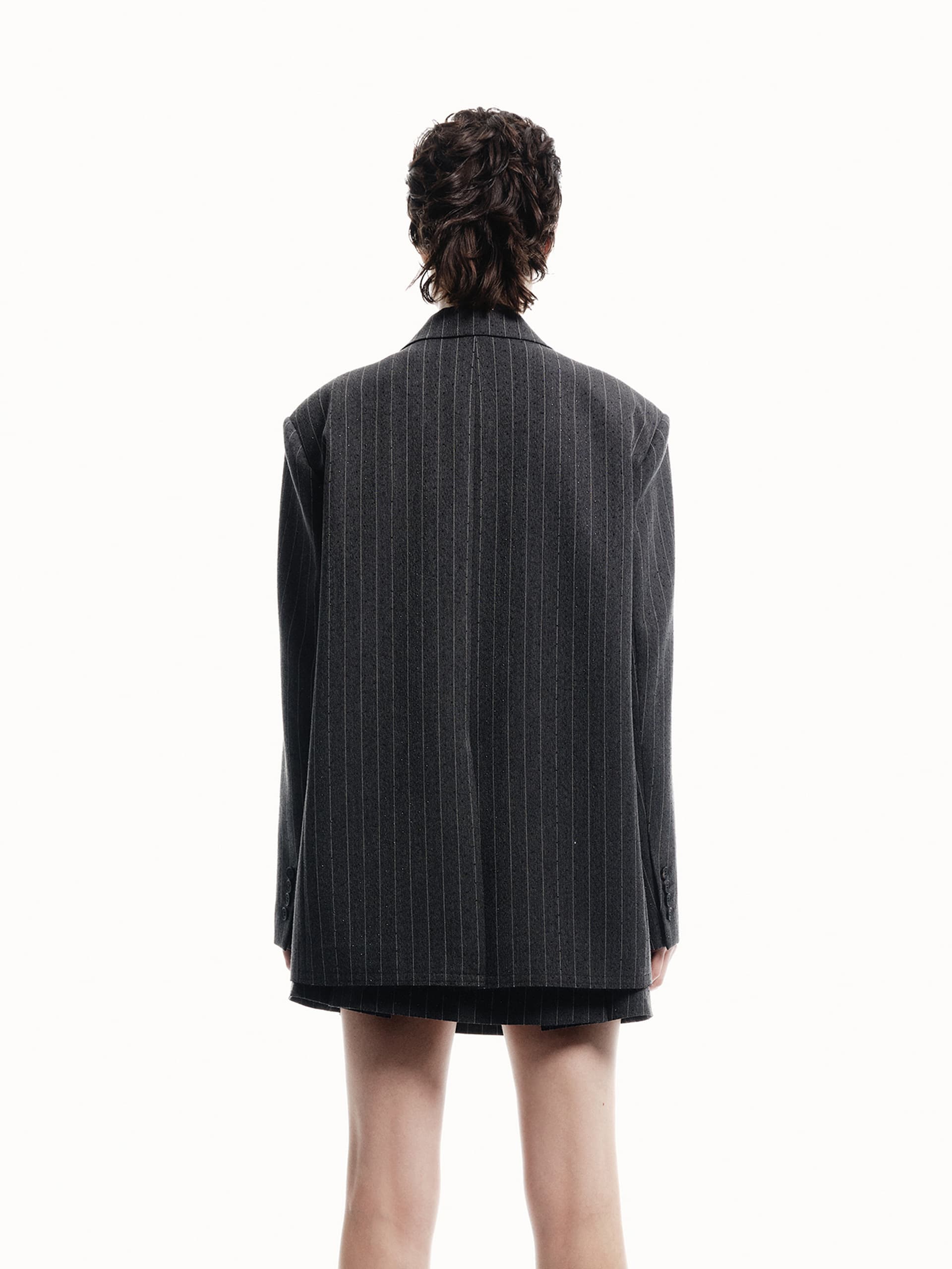 MO&Co. Women's Structured Pinstripe Oversized Blazer in Grey with Rhinestone embellishment