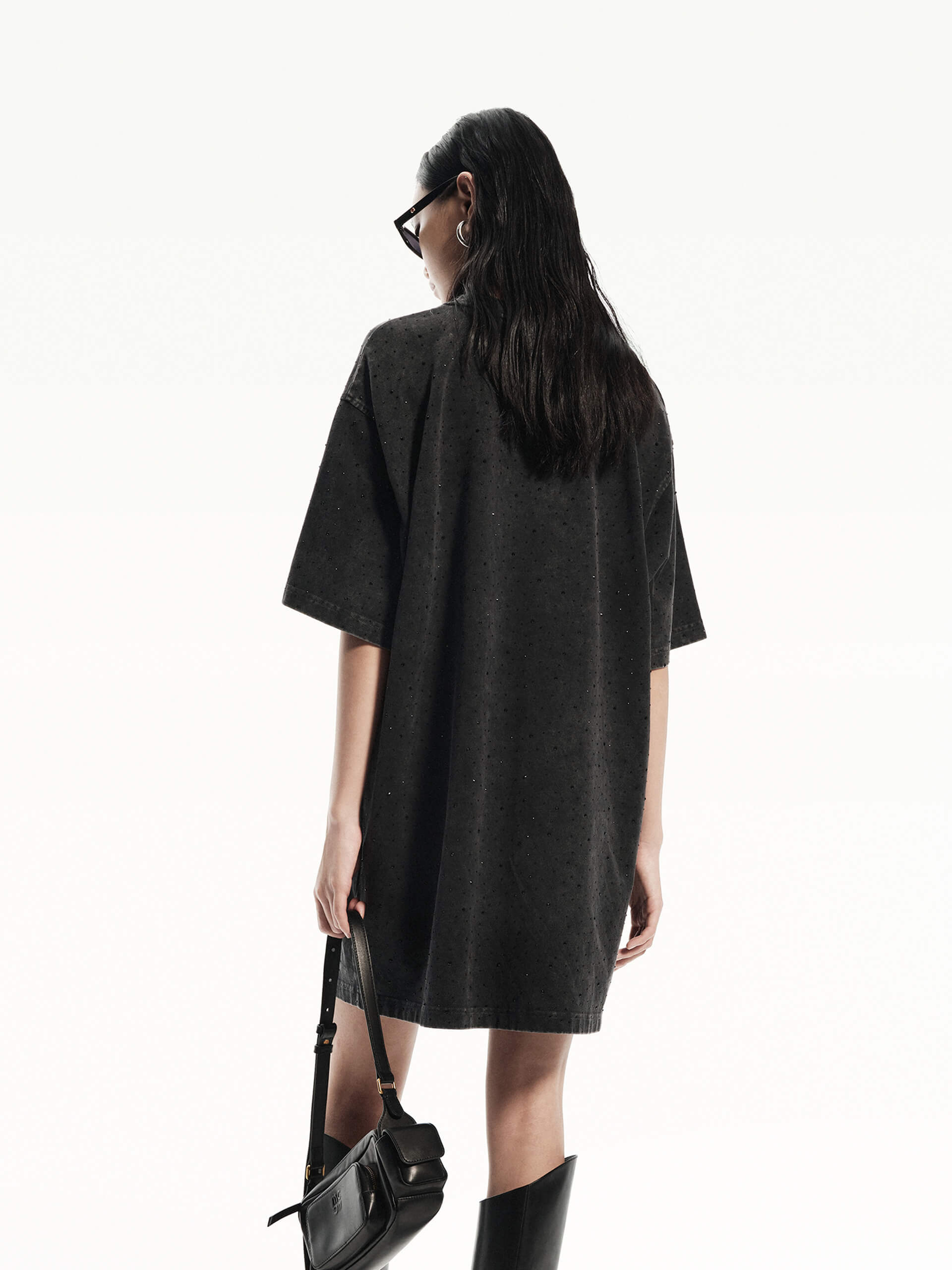 MO&Co. Women's Rhinestone Detail Pure Cotton Oversized Tee Dress