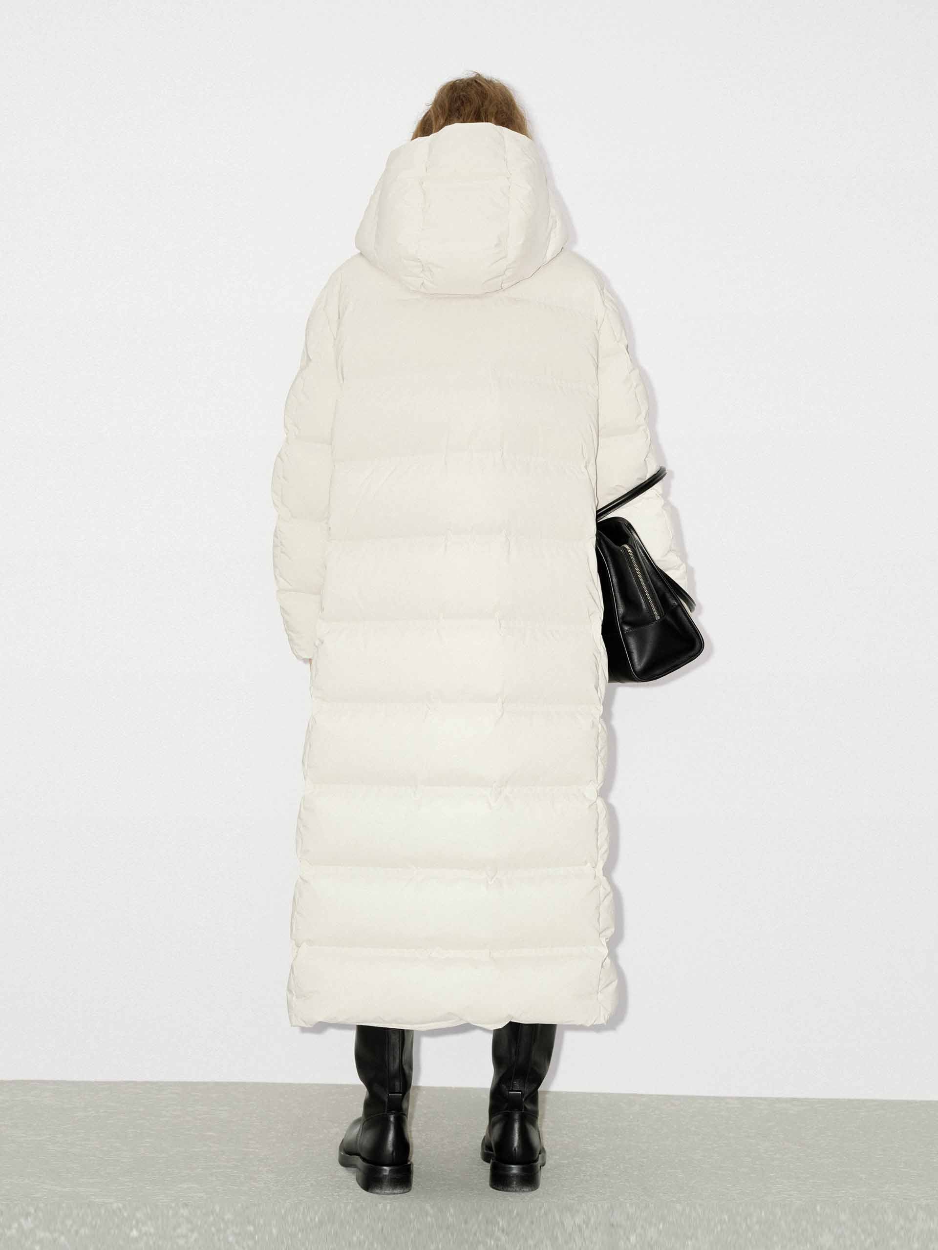 MO&Co. Women's Long Line Hood Quilted Shell Down Coat in Light Beige for Winter