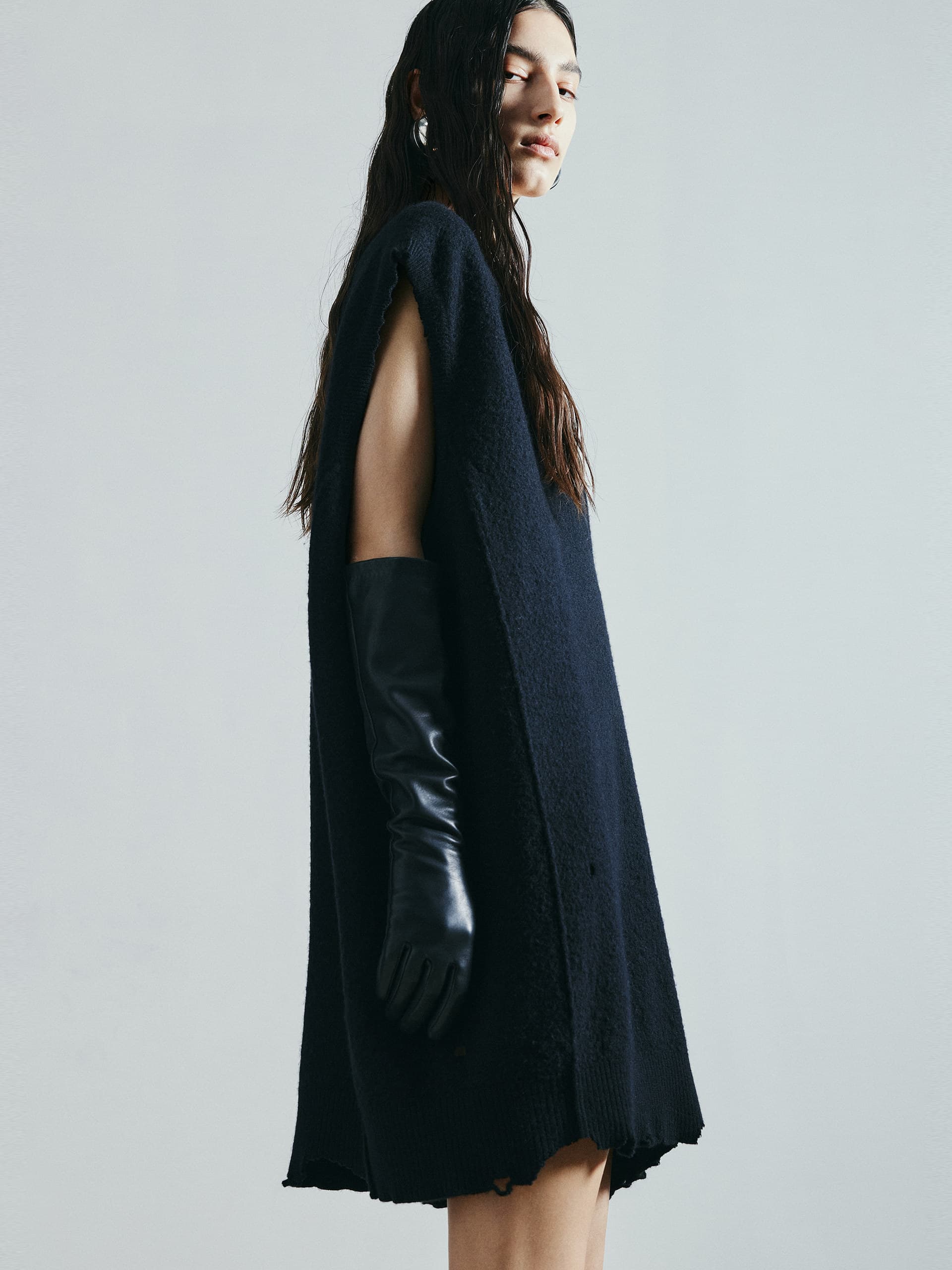 MO&Co. Noir Collection Women's Pure Wool V-neck Tank Knit Dress with Distressed detailing