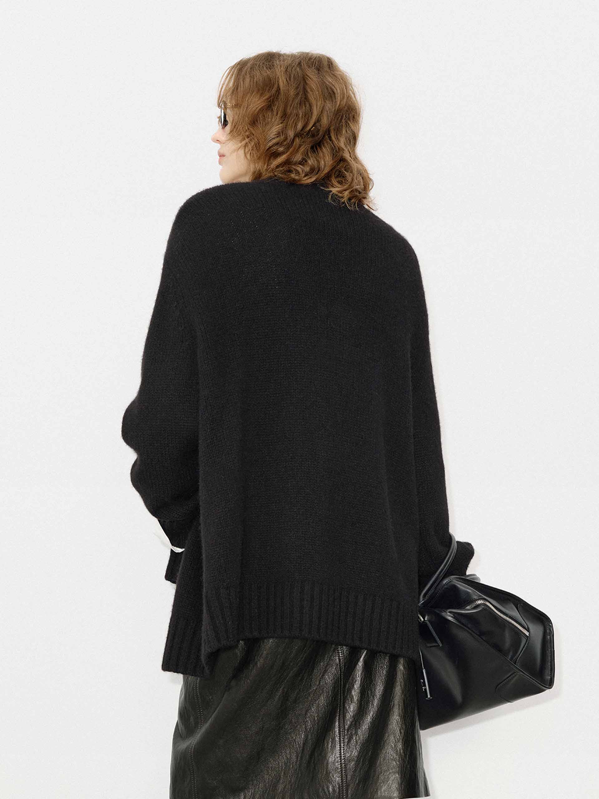 MO&Co. Women's Wool and Alpaca Blend Layered Oversized Cardigan in Black